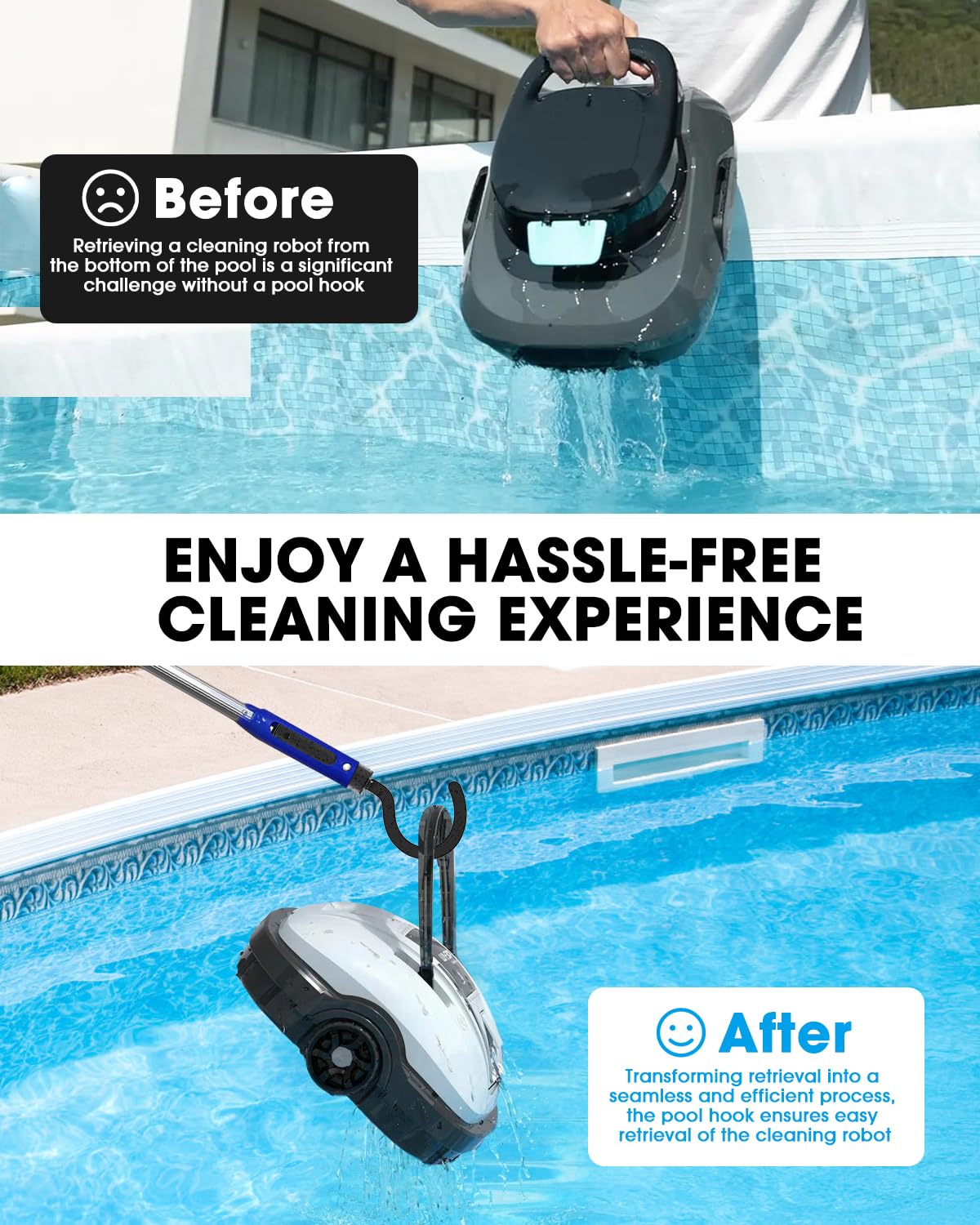 WEIGUZC hook with robotic pool cleaner demonstrates universal compatibility.