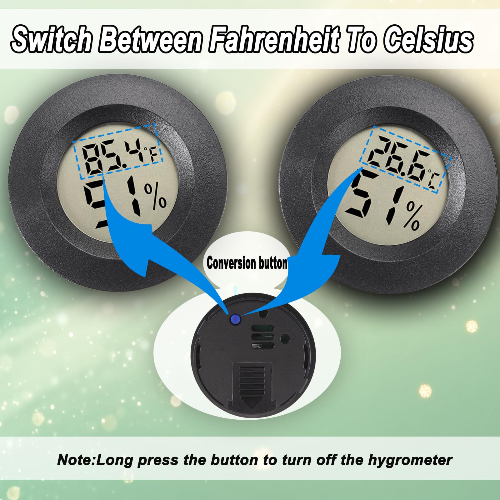 WEIMELTOY Fahrenheit-Celsius switchable hygrometer adapts to your preferred scale.