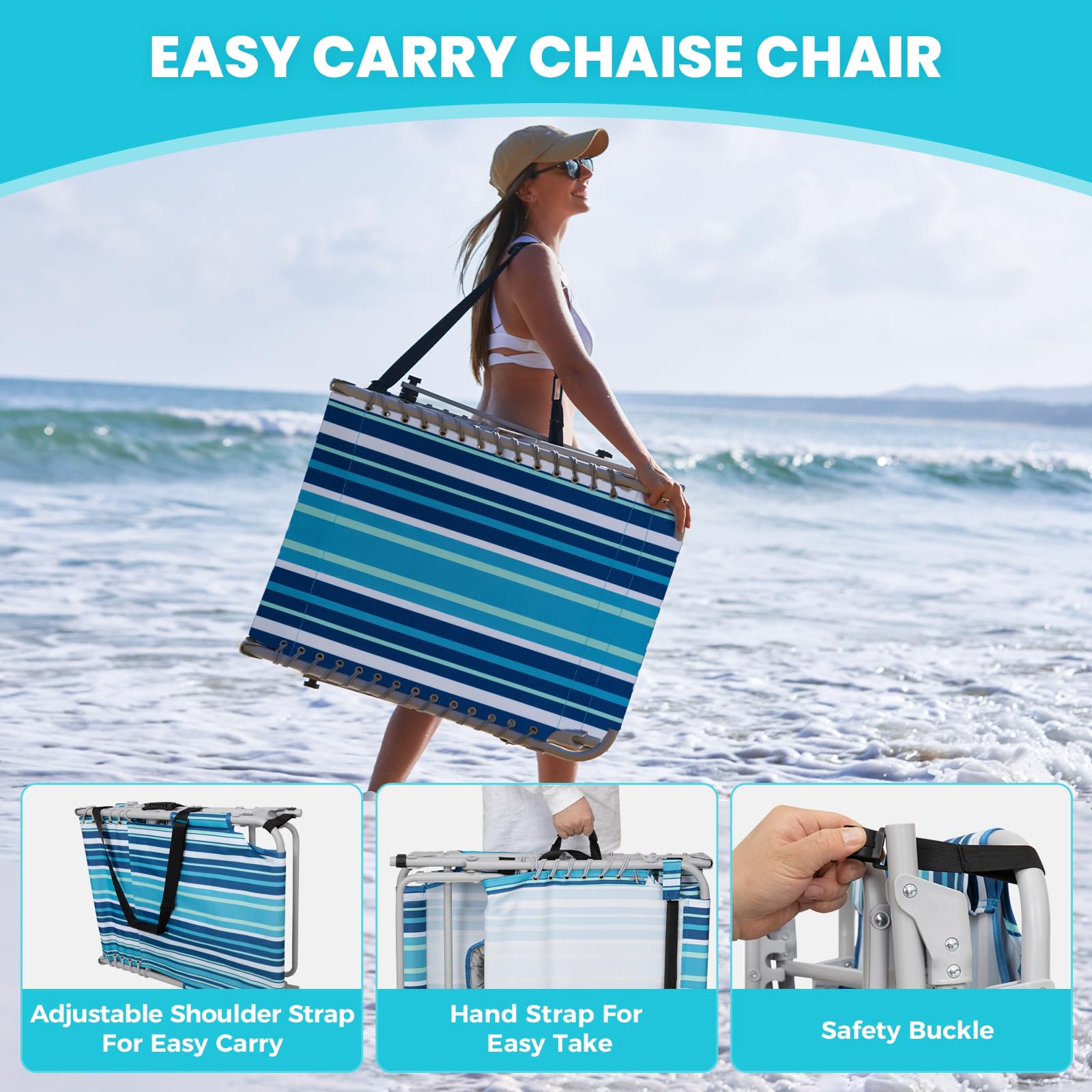 WEJOY tanning chair adapts from beach to patio for versatile outdoor relaxation.