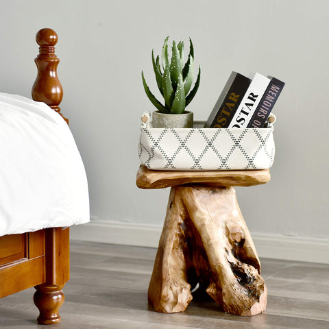 WELLAND cedar stump stool end-table setup beside seating area.