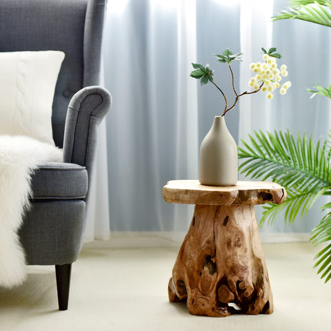 WELLAND cedar stump stool side angle highlights rugged texture and compact footprint.