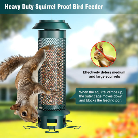 Wellavich feeder with weight-activated outer cage deters squirrels