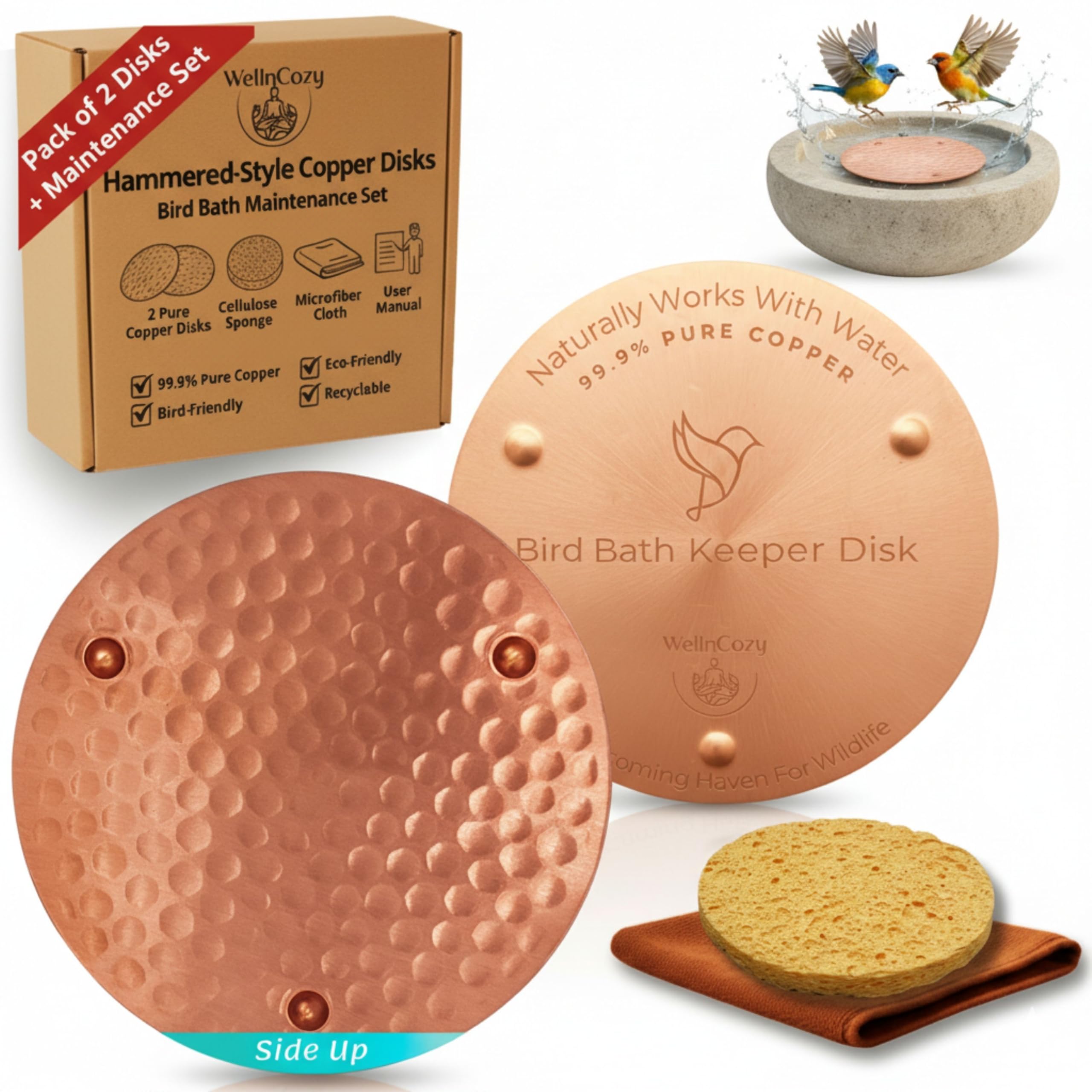 WellnCozy hammered style bird bath copper disc enhances water contact for birds.