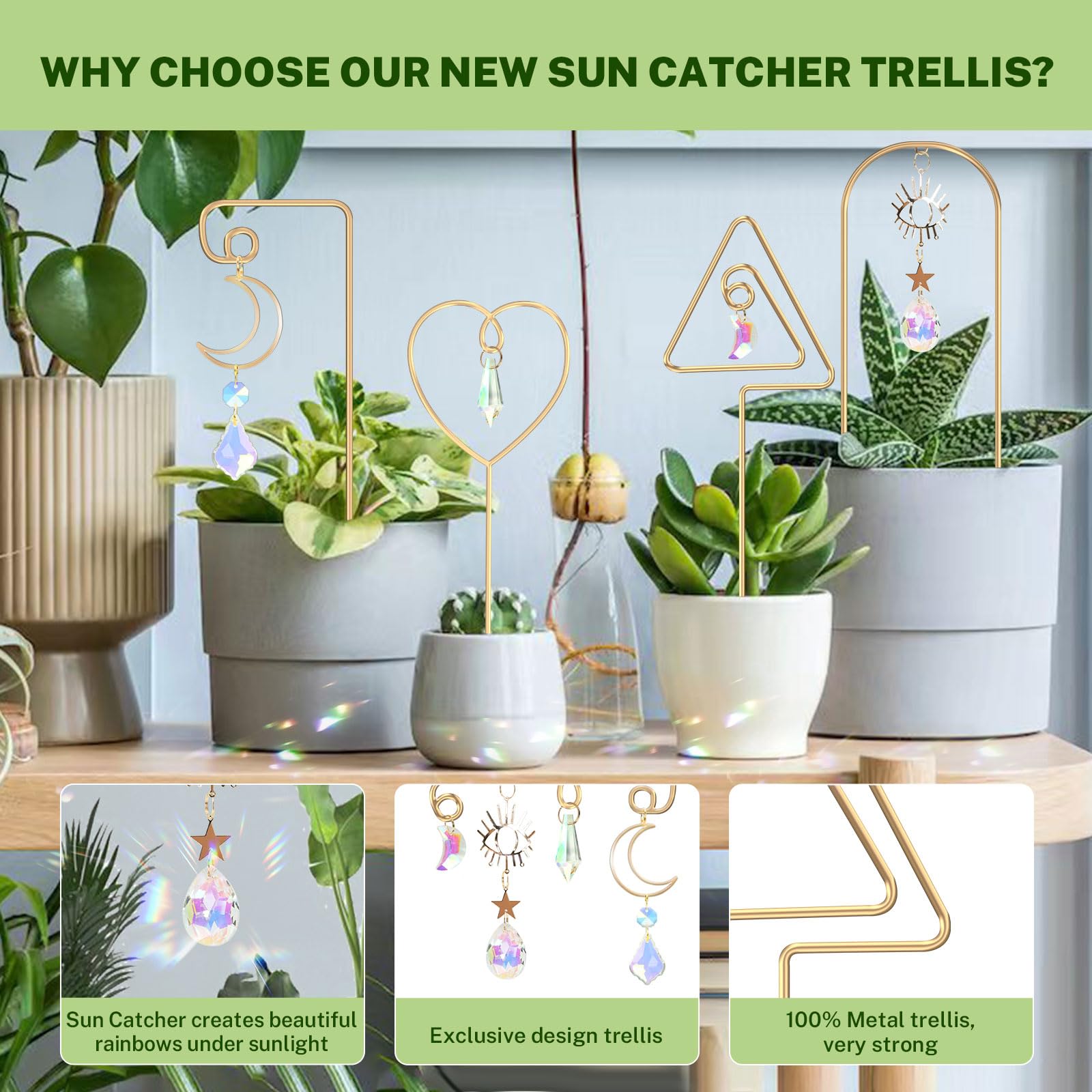 WellSign indoor plant trellis with golden suncatcher reflects light beautifully.