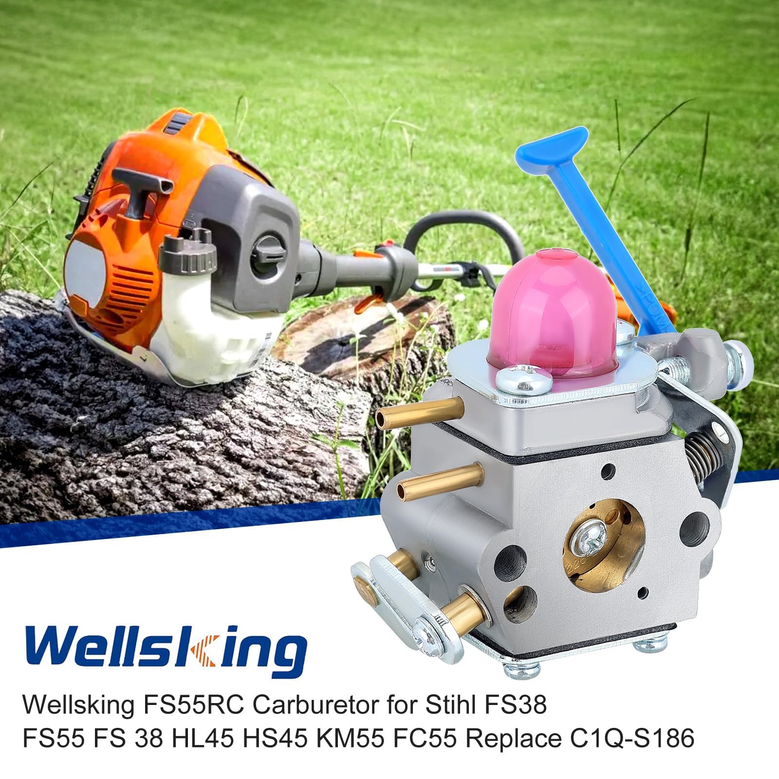 Wellsking C1Q-W38 carburetor top view, compatible for quick fit on Husqvarna trimmers.