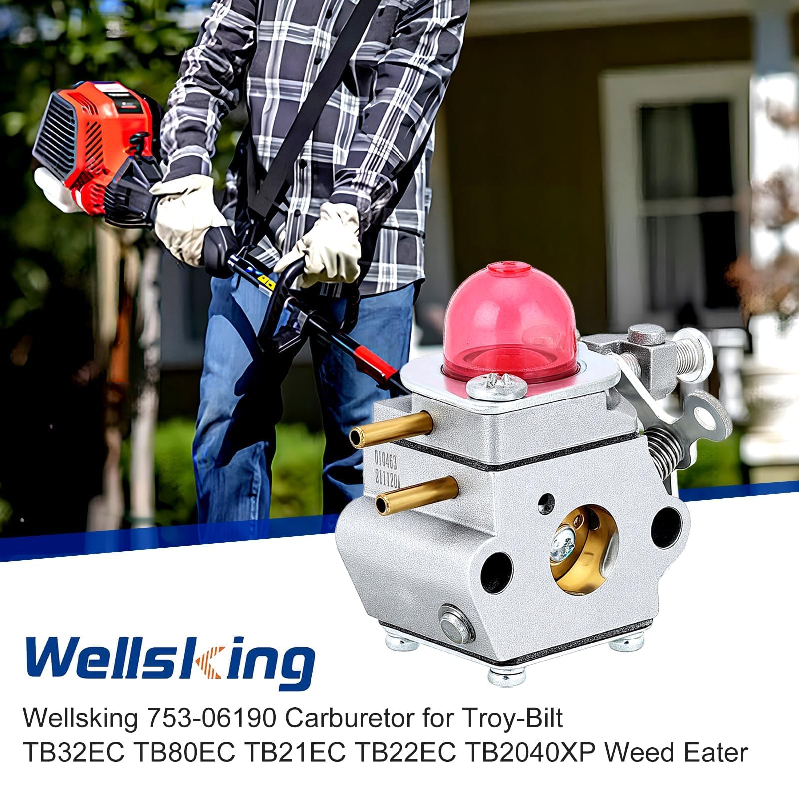 Wellsking TB32EC carburetor in hand, showing a replacement part for maintenance.
