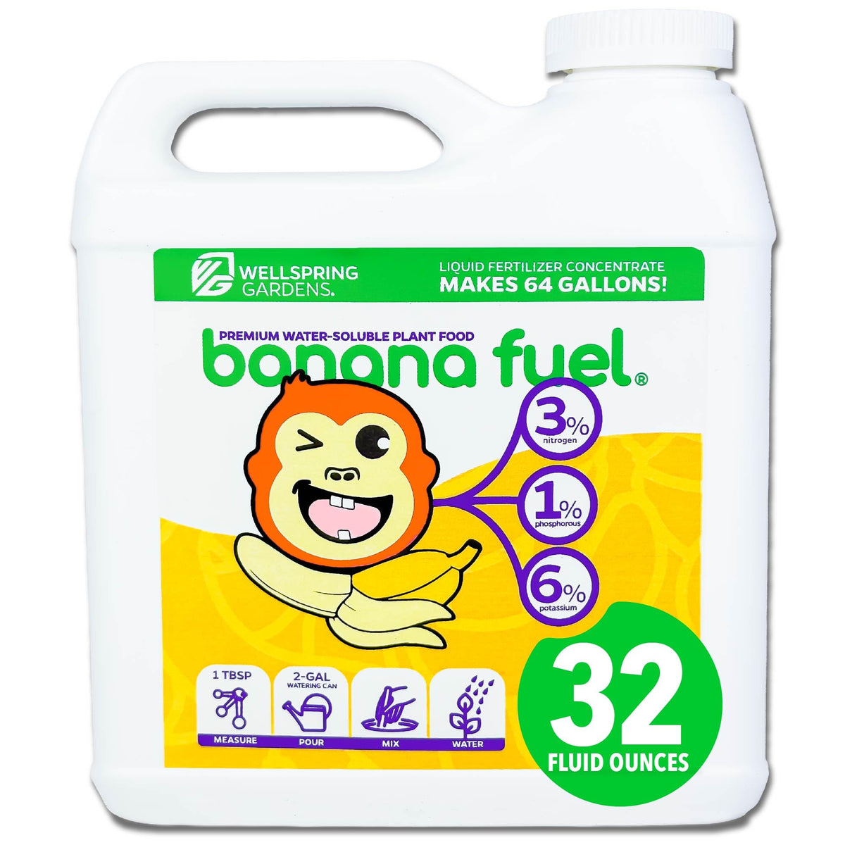 Wellspring Gardens Banana Fuel bottle shows the 3-1-6 formula for healthy banana plants.