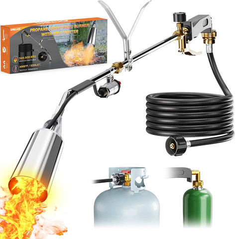 WELLUCK propane torch weed burner over garden bed for fast weed control.