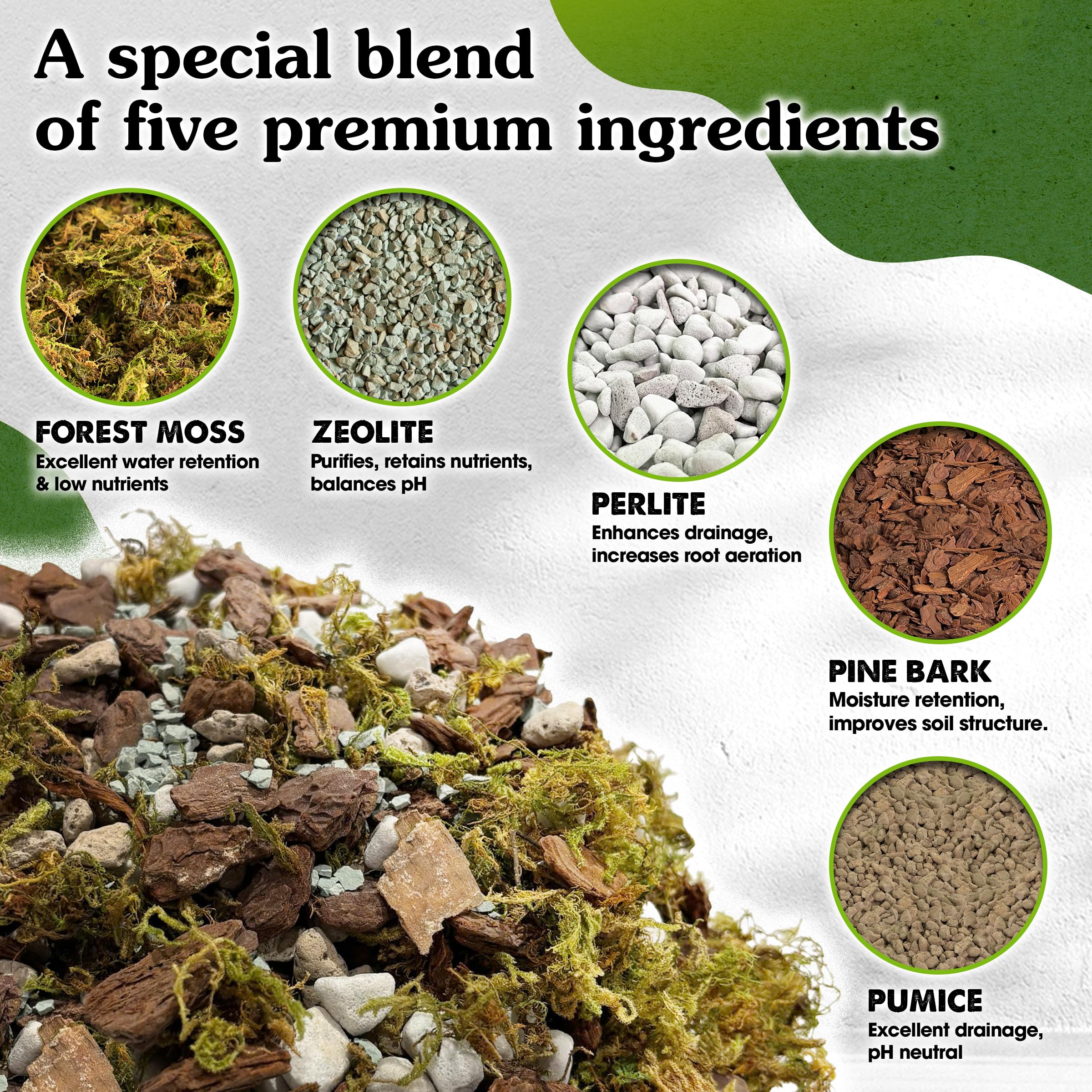 Wemoss orchid mix highlights zeolite for impurity absorption and balanced nutrients.