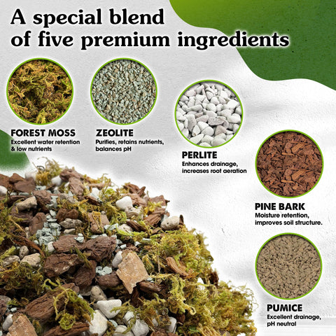 Wemoss orchid mix highlights zeolite for impurity absorption and balanced nutrients.