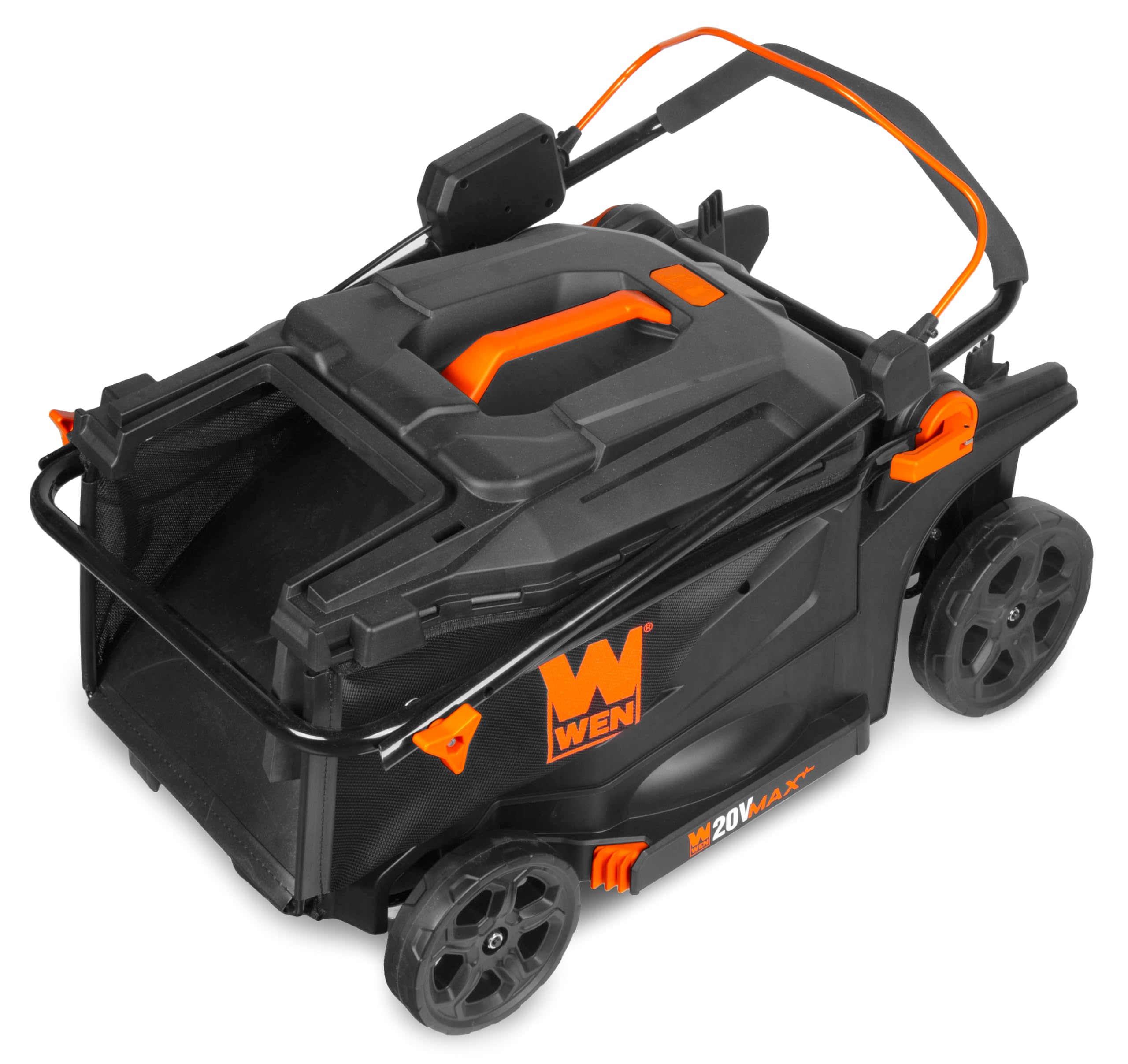 13-gallon collection bag attached to WEN 20V Max 2-in-1 mower