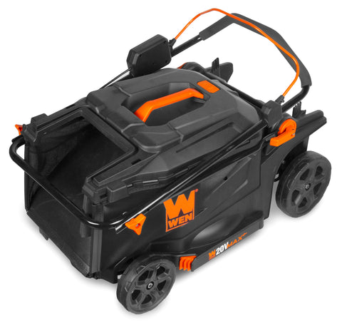 13-gallon collection bag attached to WEN 20V Max 2-in-1 mower