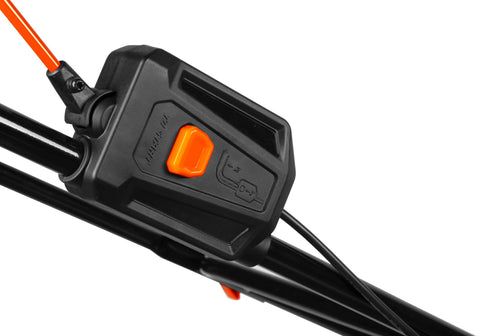 8-inch rear wheels of WEN 20V Max 2-in-1 mower on rough terrain