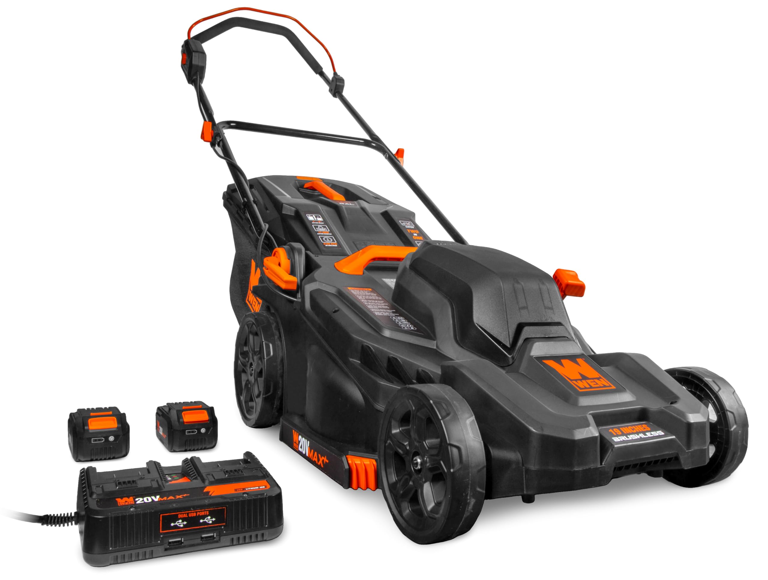 WEN 20V Max 2-in-1 mower with collapsible handle for compact storage
