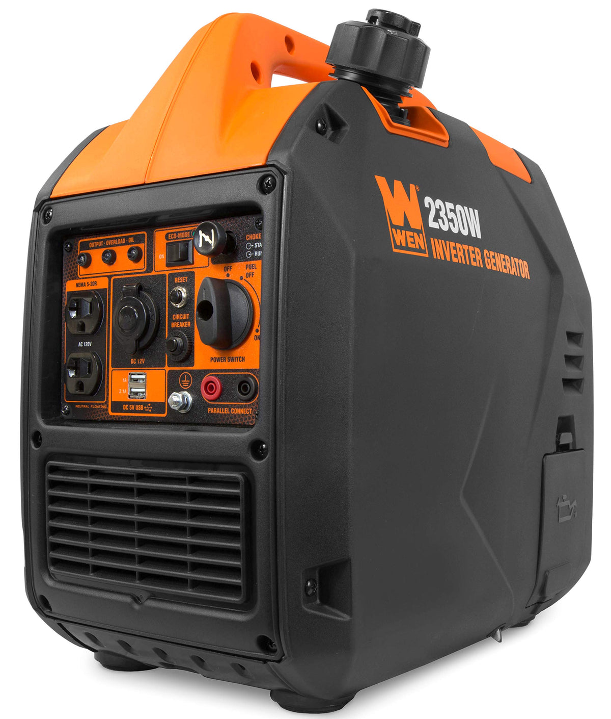 WEN 2350W inverter generator side view for portable camping power.