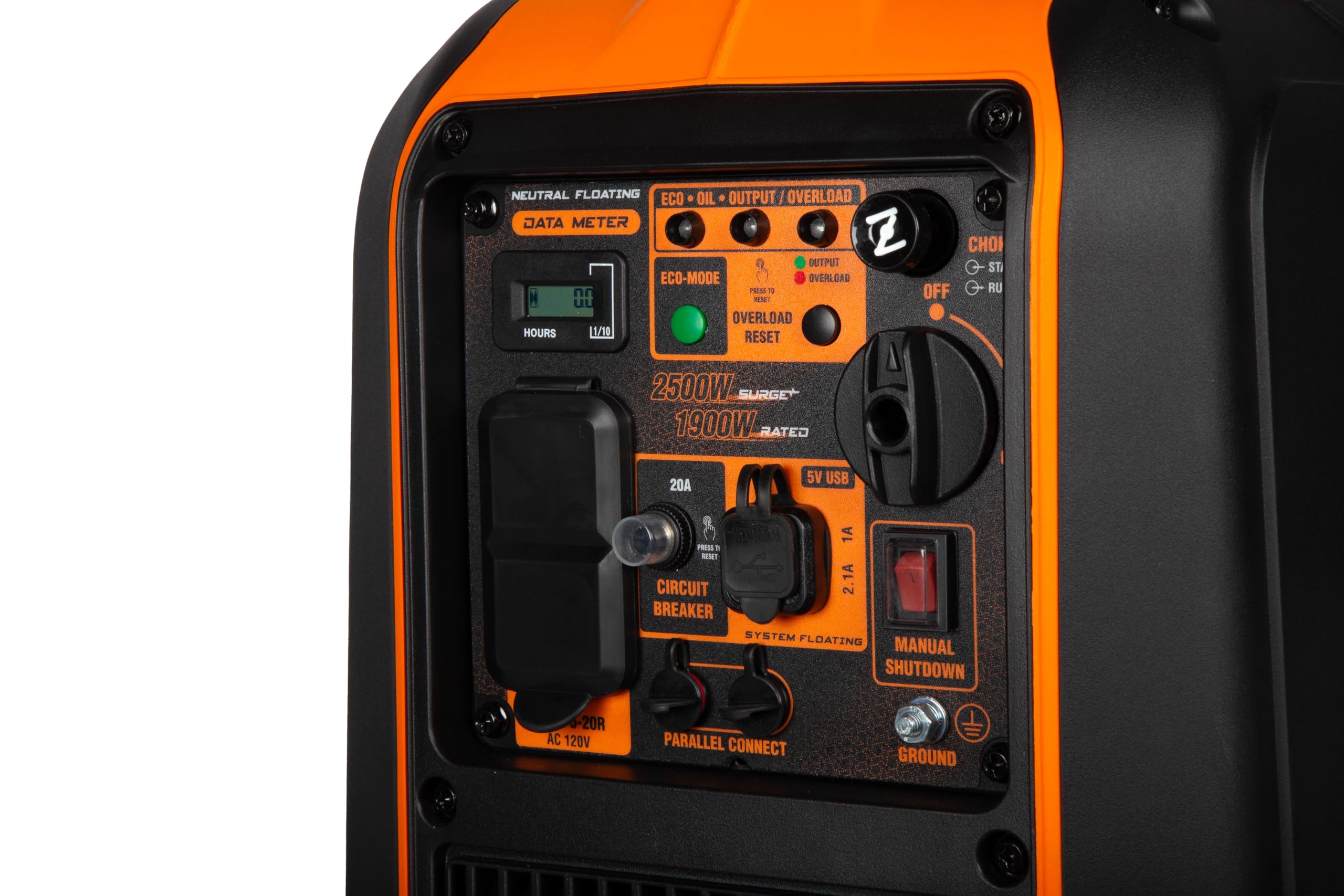 WEN 2500W inverter generator control panel with USB and 120V outlets for easy charging.