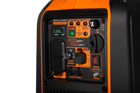 WEN 2500W inverter generator control panel with USB and 120V outlets for easy charging.