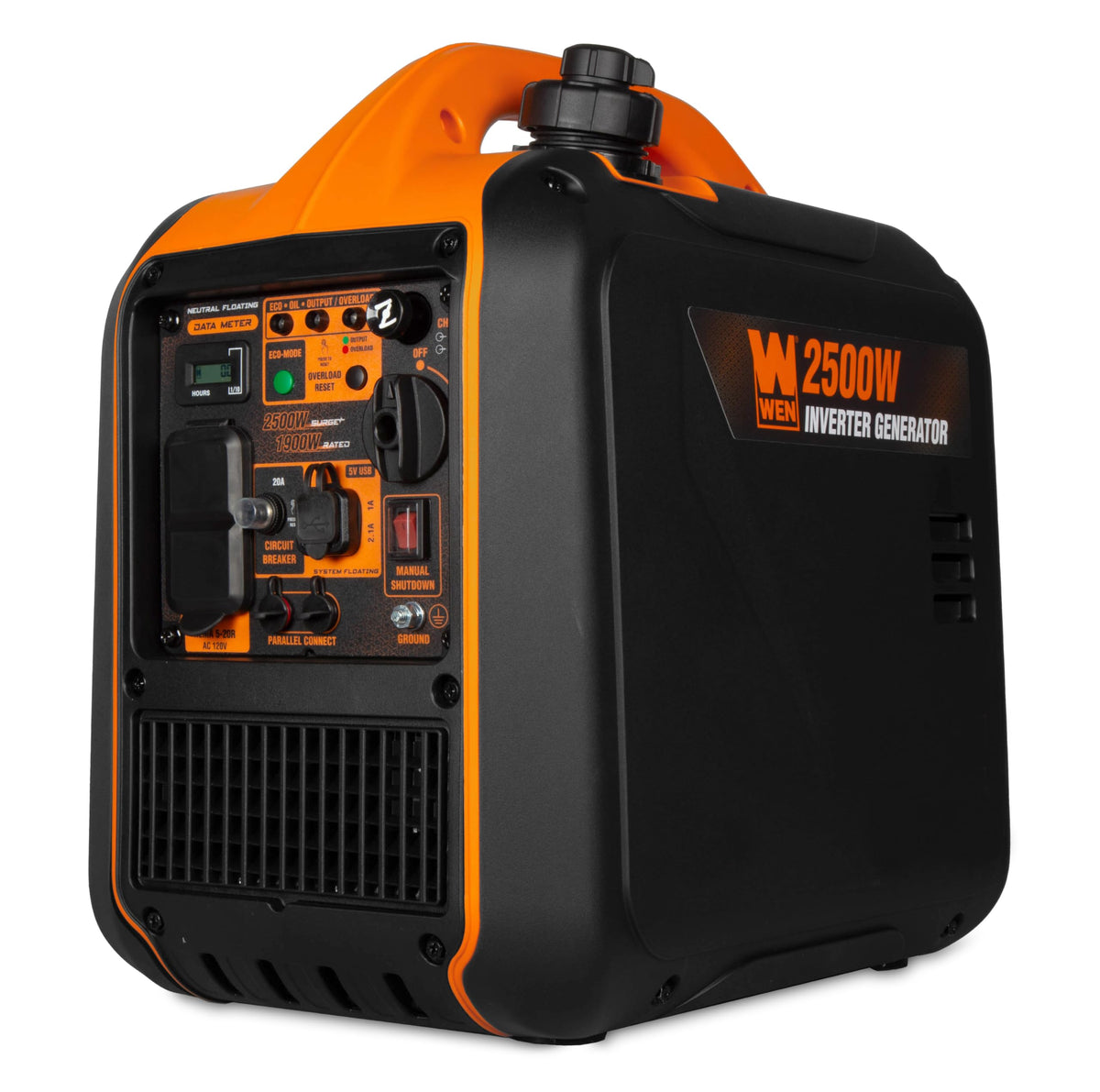 WEN 2500W inverter generator front view shows compact, portable power for campsites.