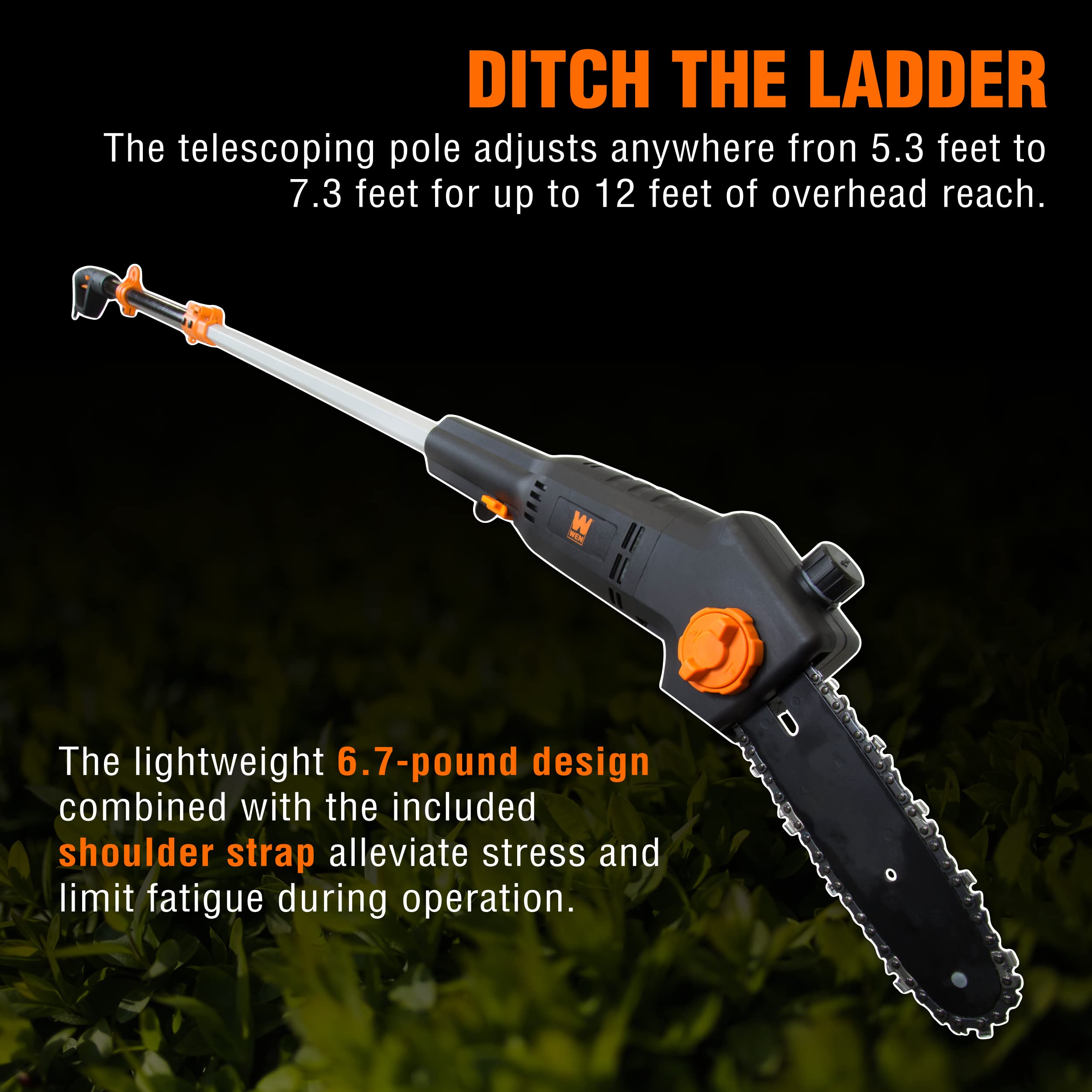 WEN 4019 chain speed reaches up to 36 ft per second for quick trimming.