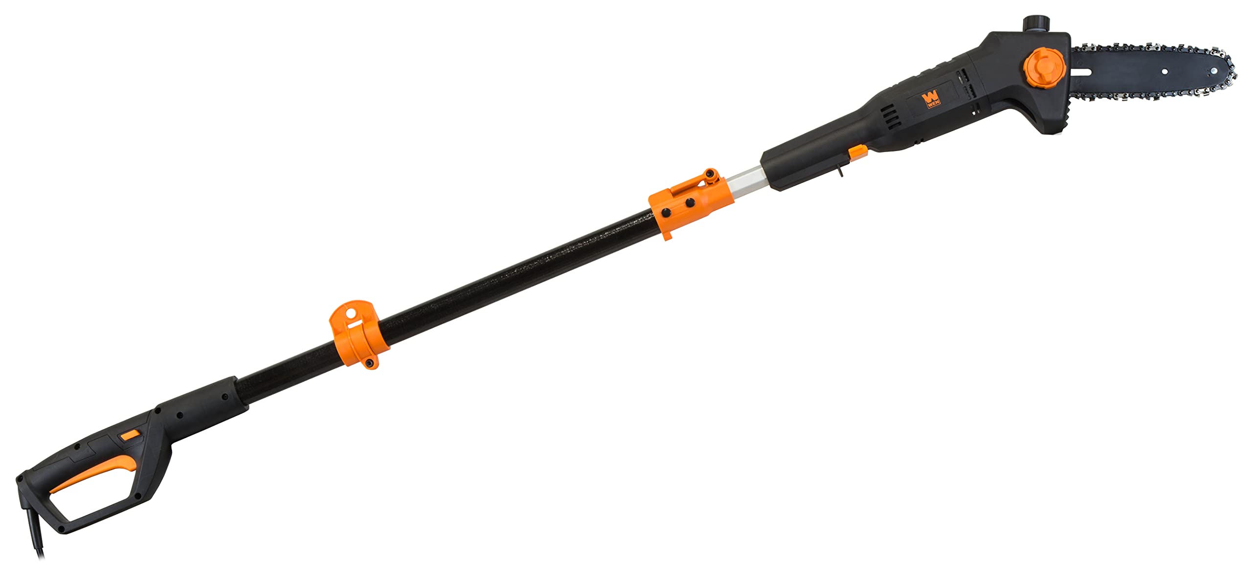 WEN 4019 telescoping pole extends from 5.3 to 7.3 feet for overhead pruning.