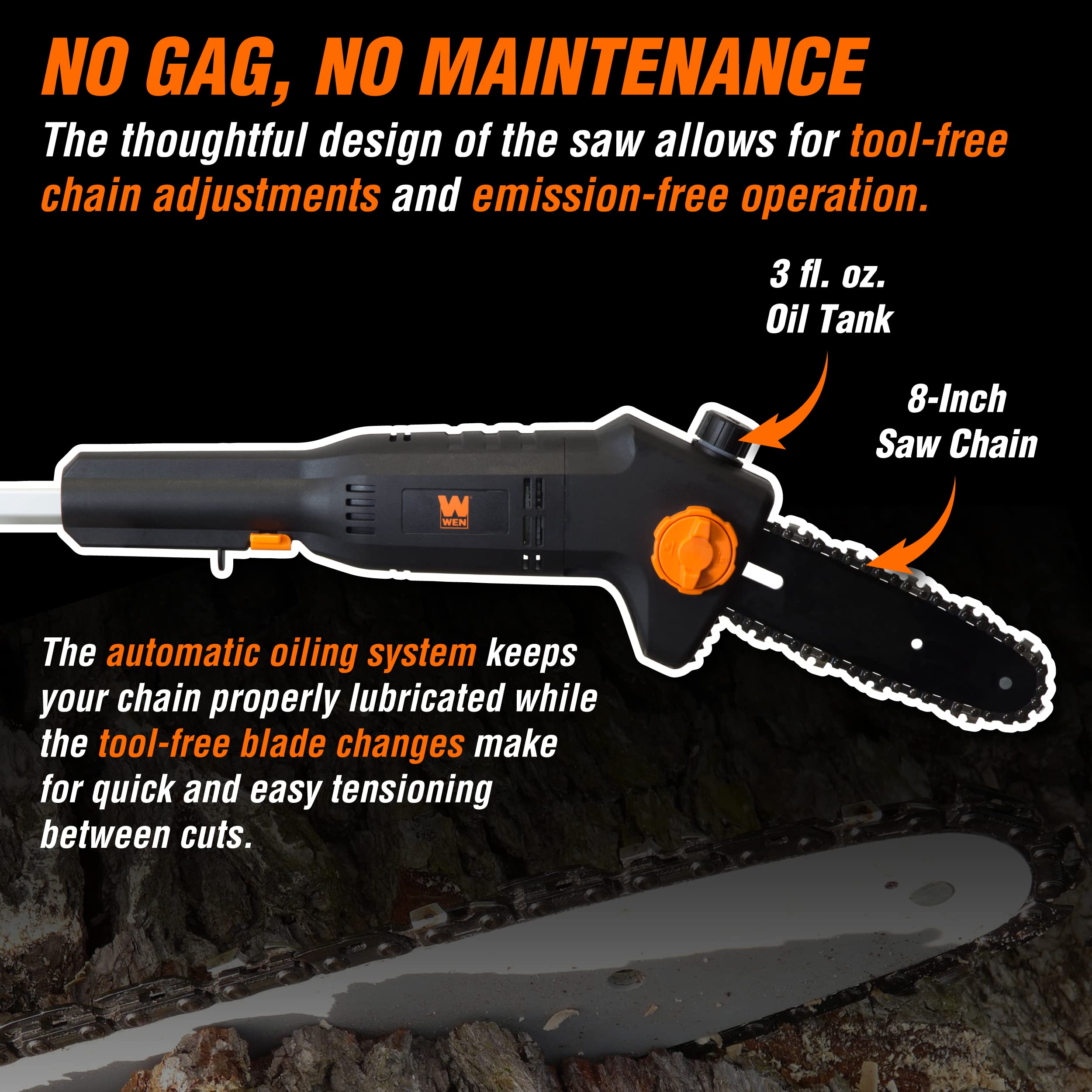 WEN 4019 tool-free chain adjustments simplify setup between cuts.