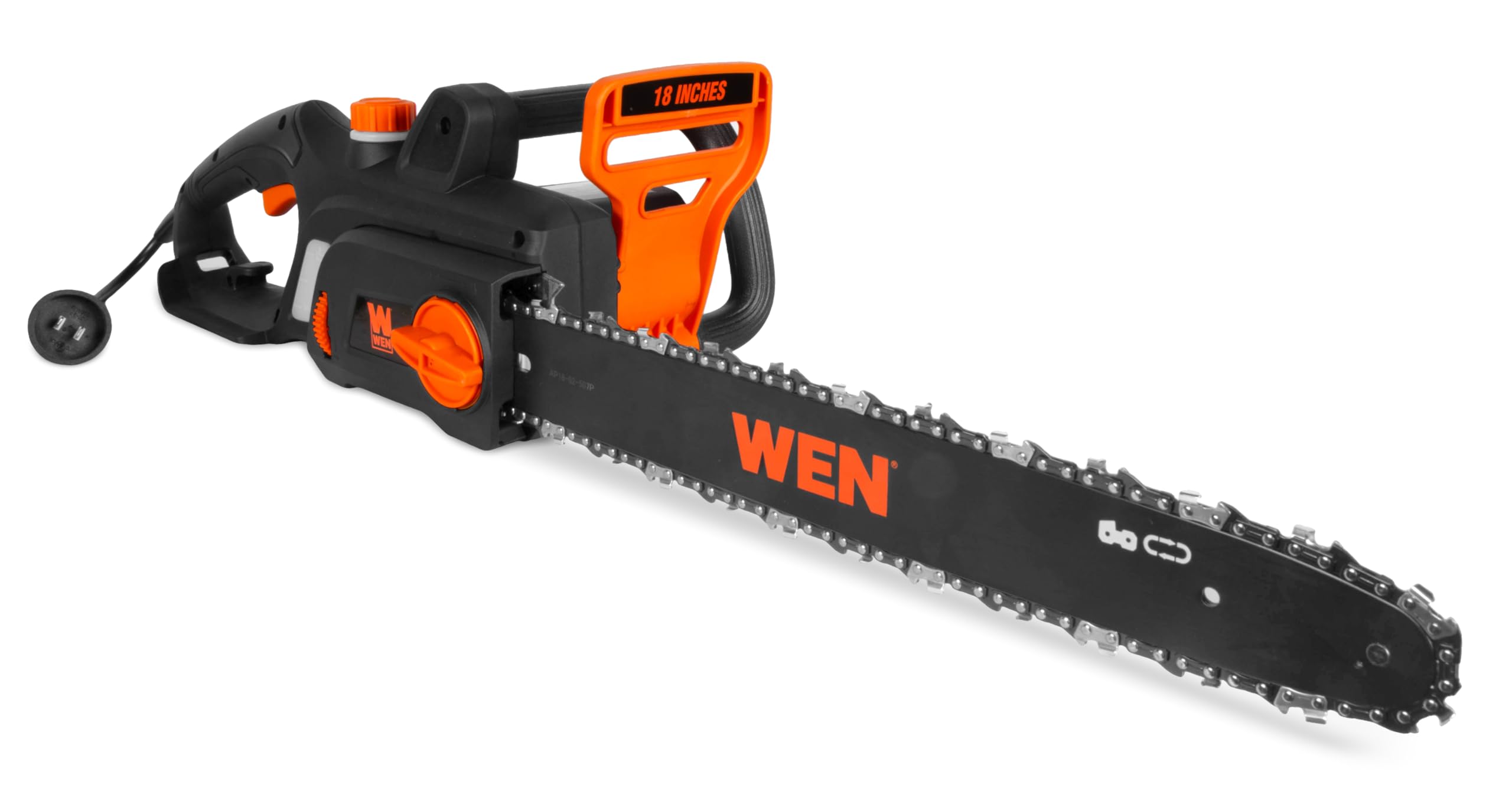 WEN CP1518 electric chainsaw with 18-inch bar for efficient yard cutting.