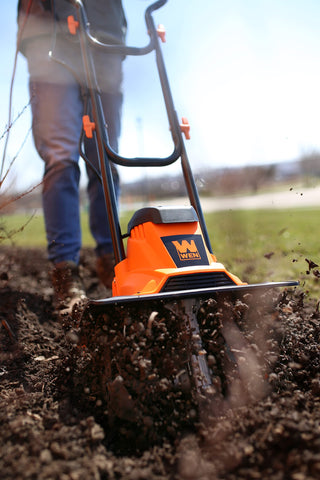 WEN electric tiller adjustable wheels simplify transport and storage