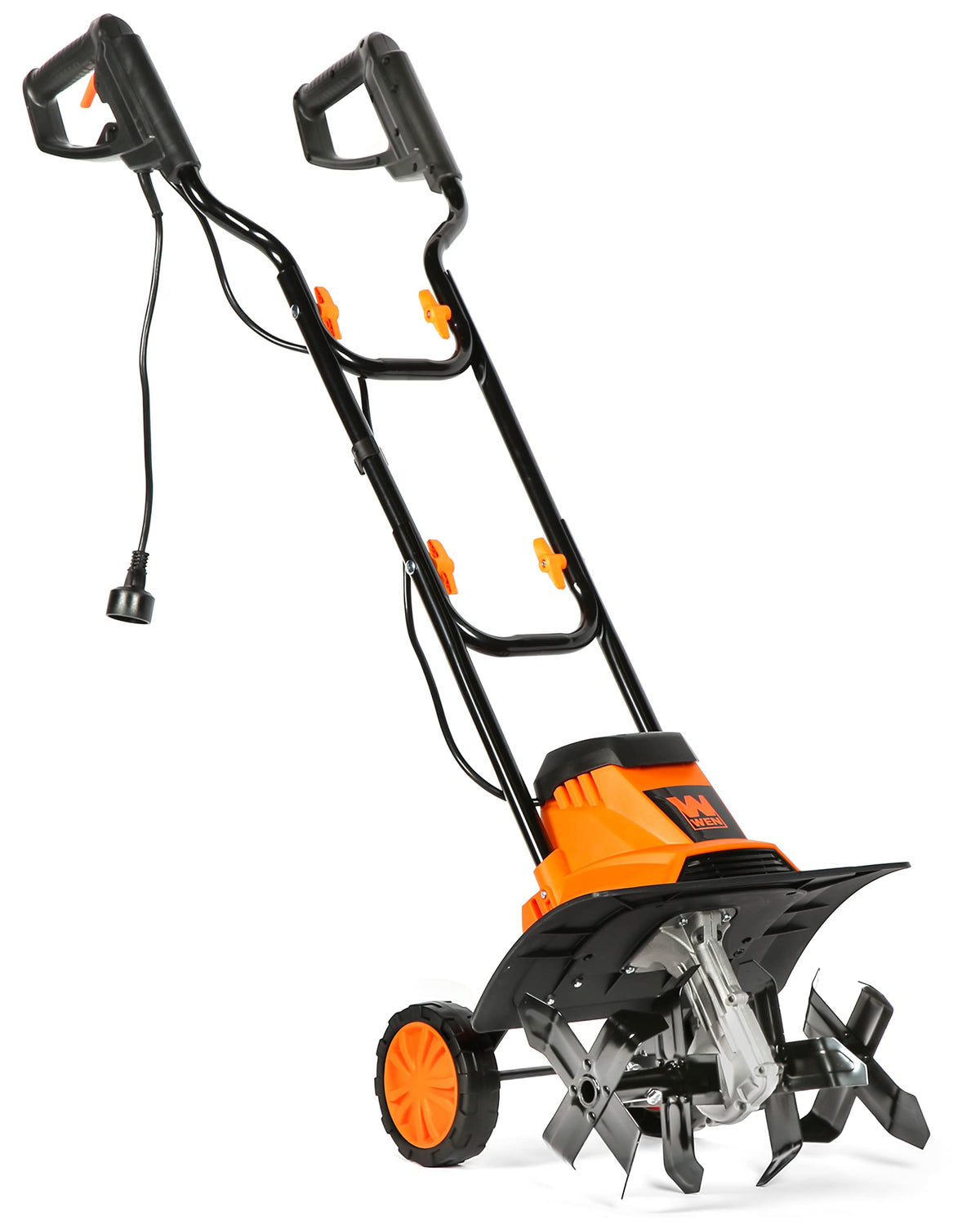 WEN electric tiller shows 14 inch tilling width for quick garden bed prep