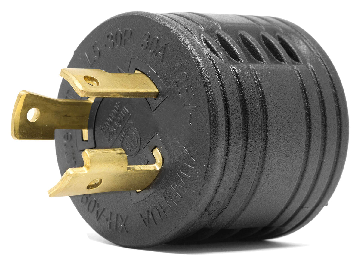 WEN GNA030 twist-lock adapter connected to TT-30R RV outlet for power