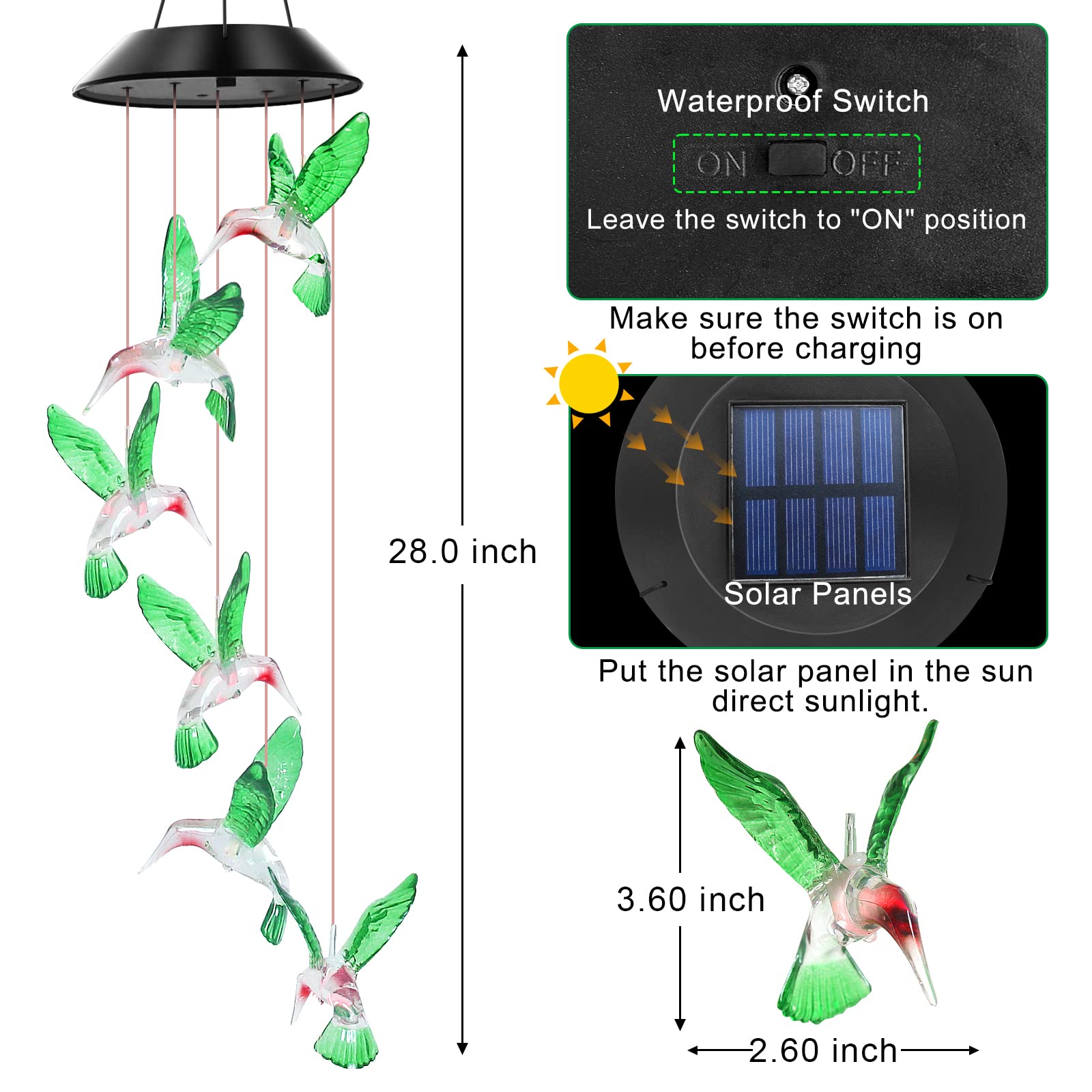 WENANA hanging solar wind chime lights your garden at night.