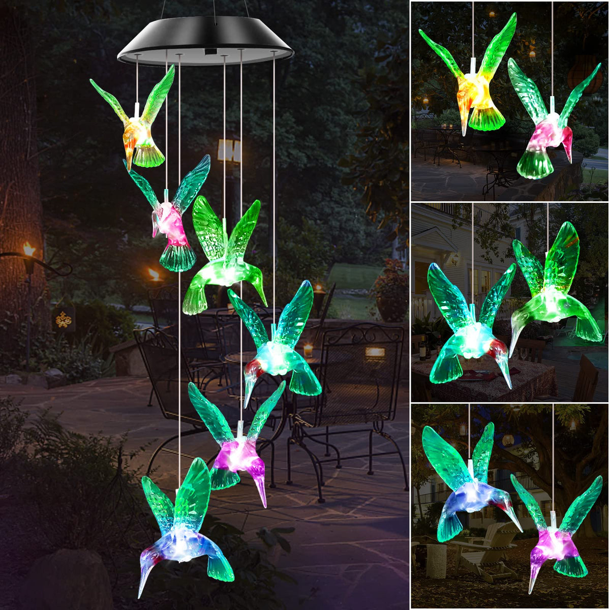 WENANA color-changing solar wind chime with green hummingbird for outdoor ambiance.