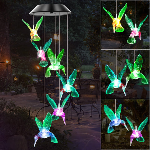 WENANA color-changing solar wind chime with green hummingbird for outdoor ambiance.