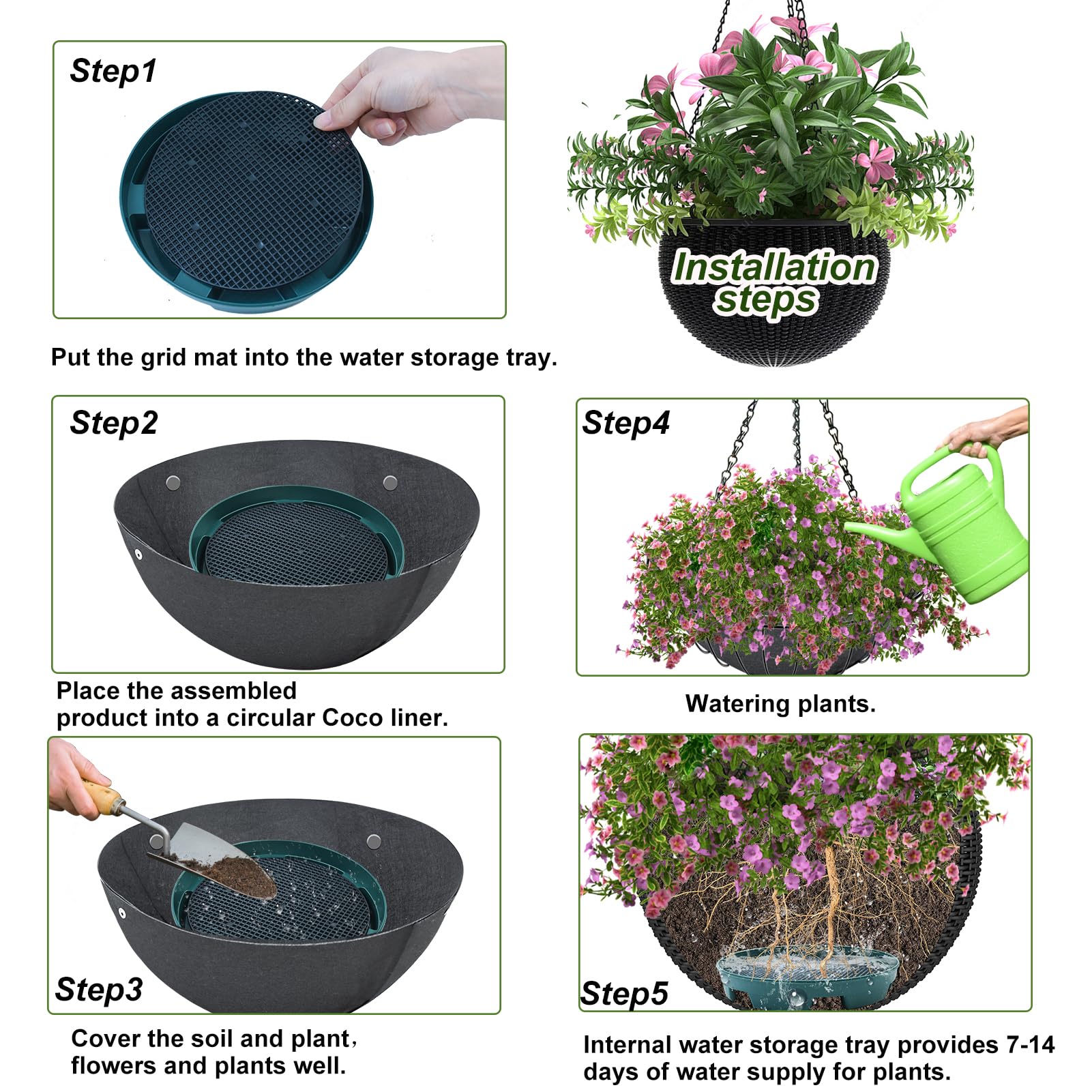 Wenfan invisible drip pan for hanging baskets blends with décor.