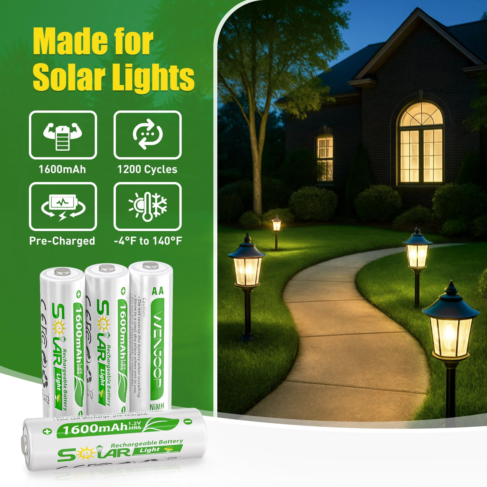 WENJOOP NiMH 1.2V 1600mAh battery for extended solar lighting runtime