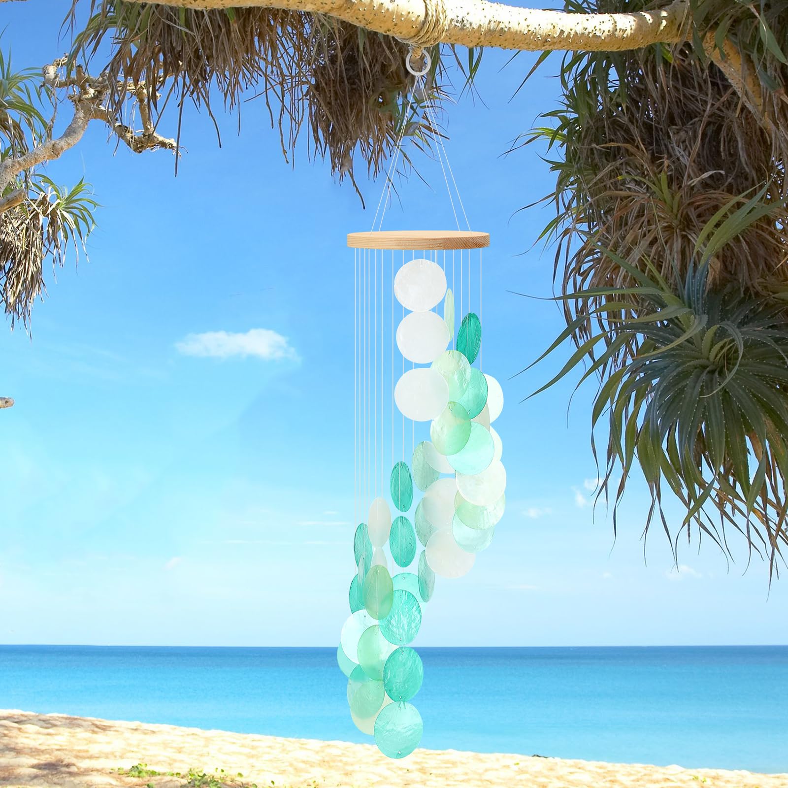 Light blue Wenqik wind chime swaying in breeze with soft tones
