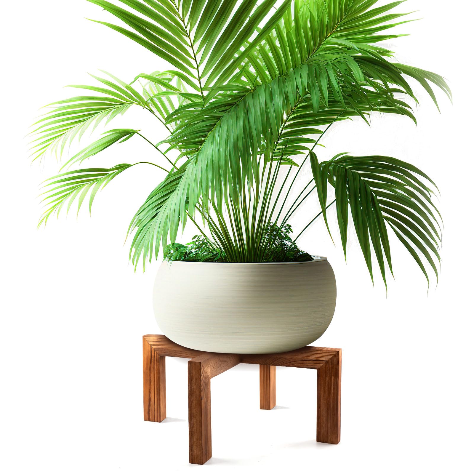 Wenqik wood plant stand 16-inch platform view, sturdy mid-century display for plants