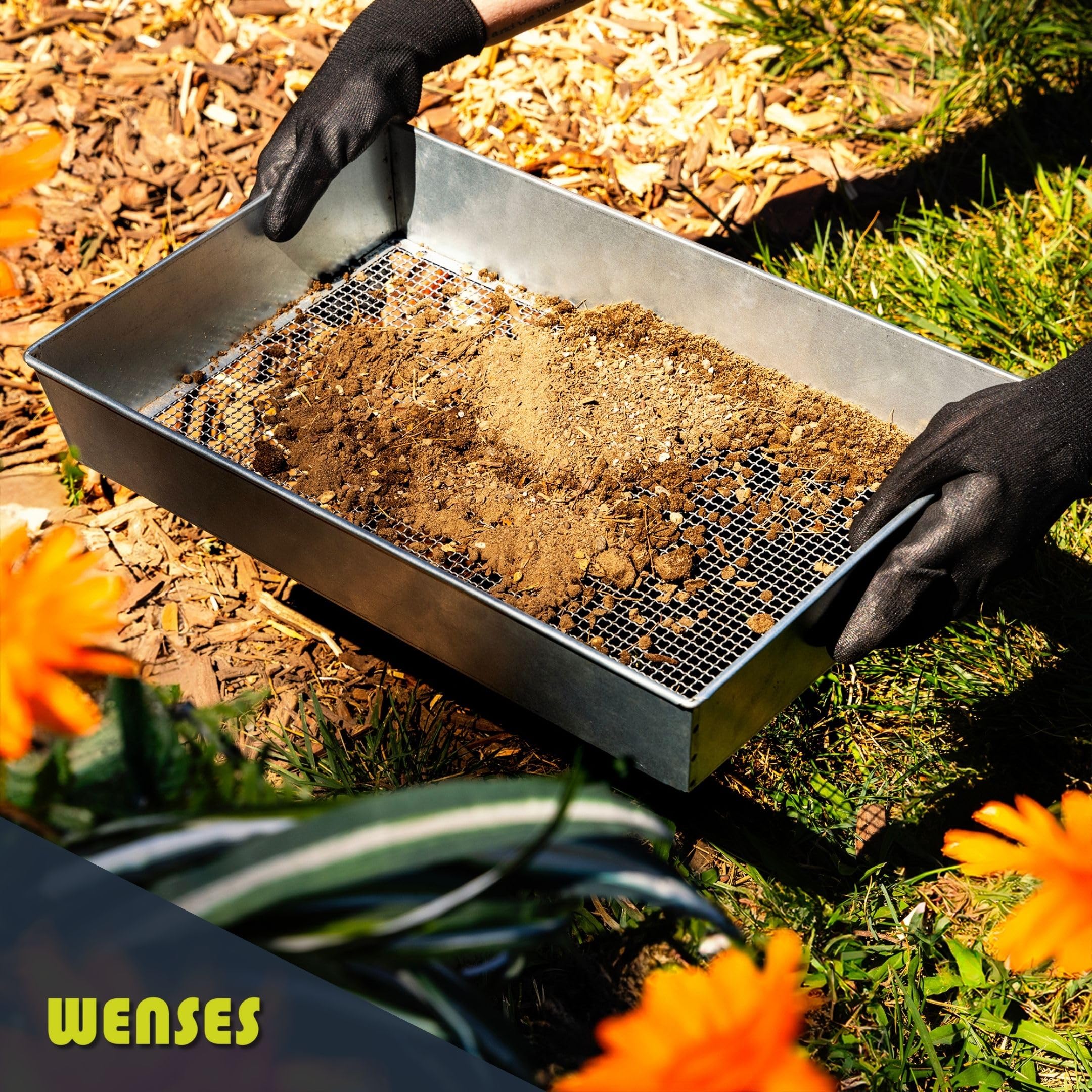 Wenses garden sieve 3/8-inch mesh filters chunky material for cleaner soil and compost.