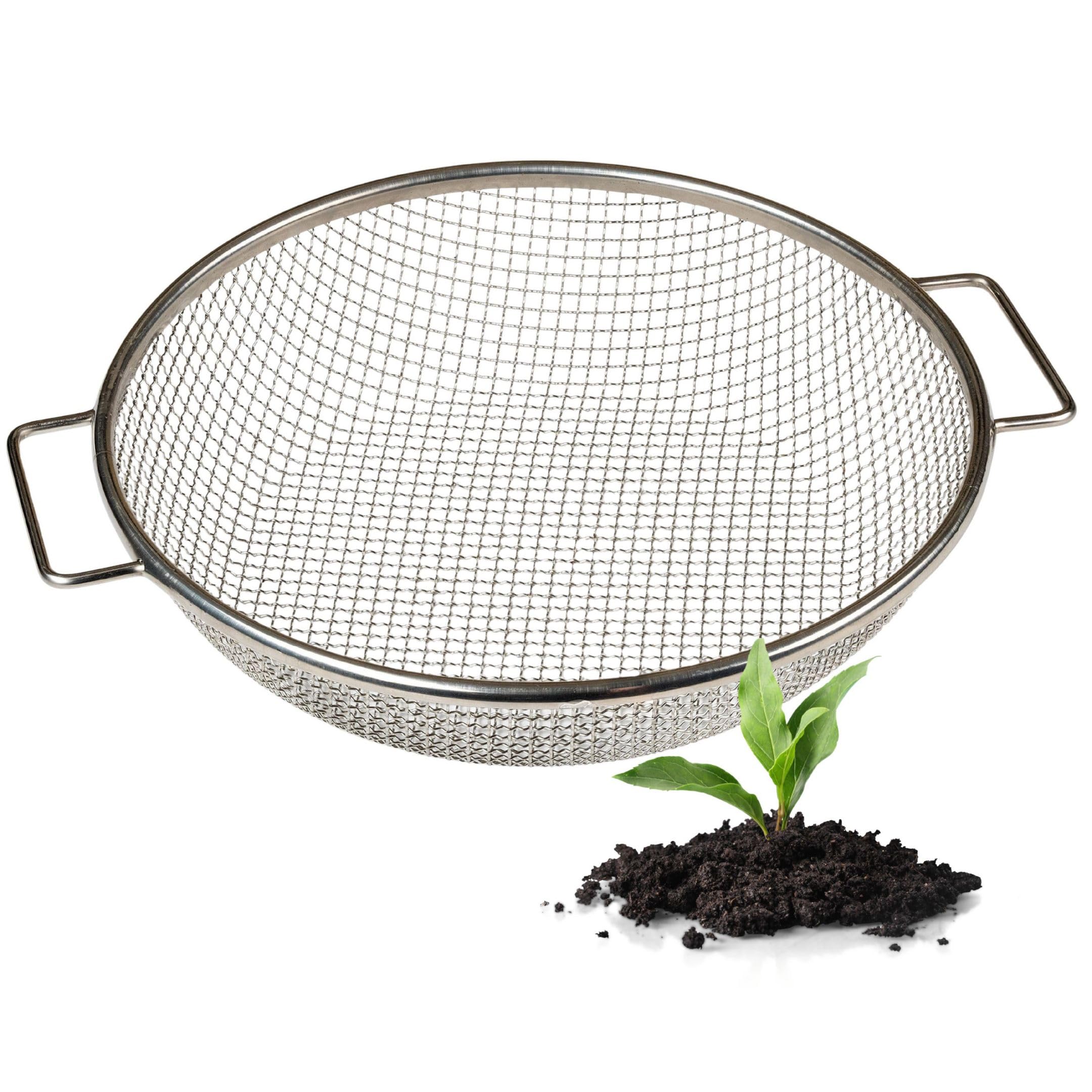Wenses round soil sifter on a 5-gallon bucket with 1/4-inch mesh for quick soil screening.