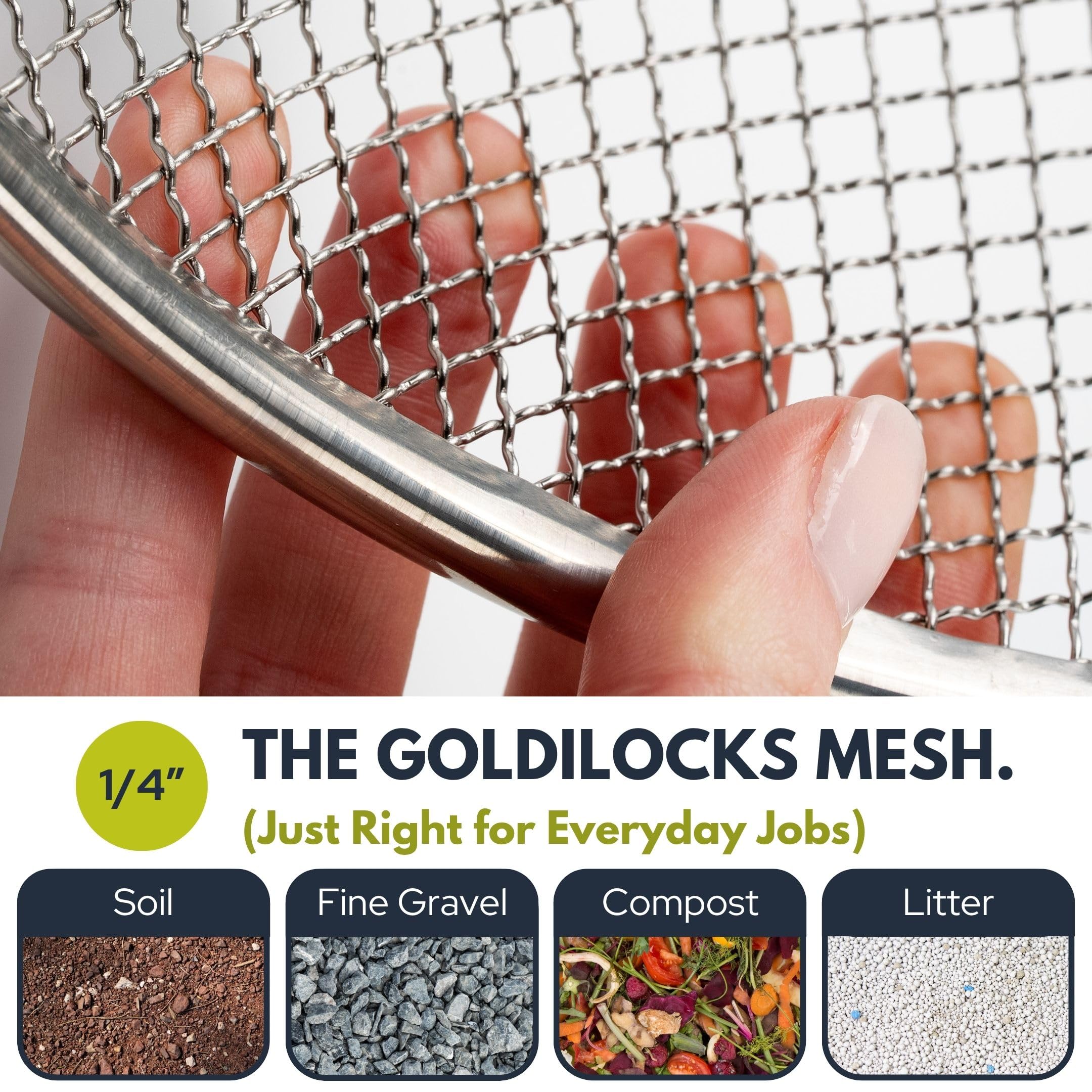 Wenses 1/4-inch mesh captures soil while discarding debris efficiently.