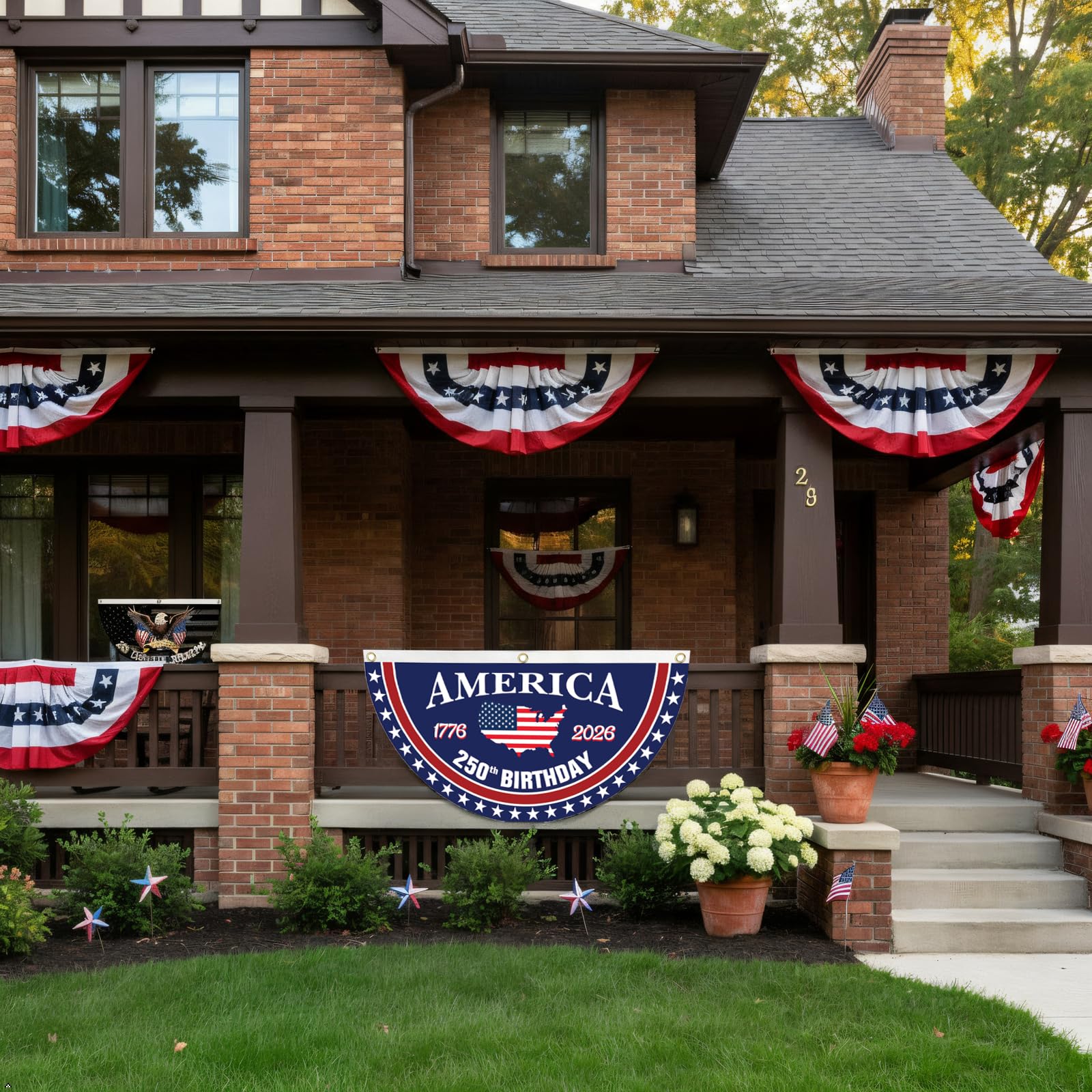 WENWELL porch banner celebrating 250 years of freedom on a fence.