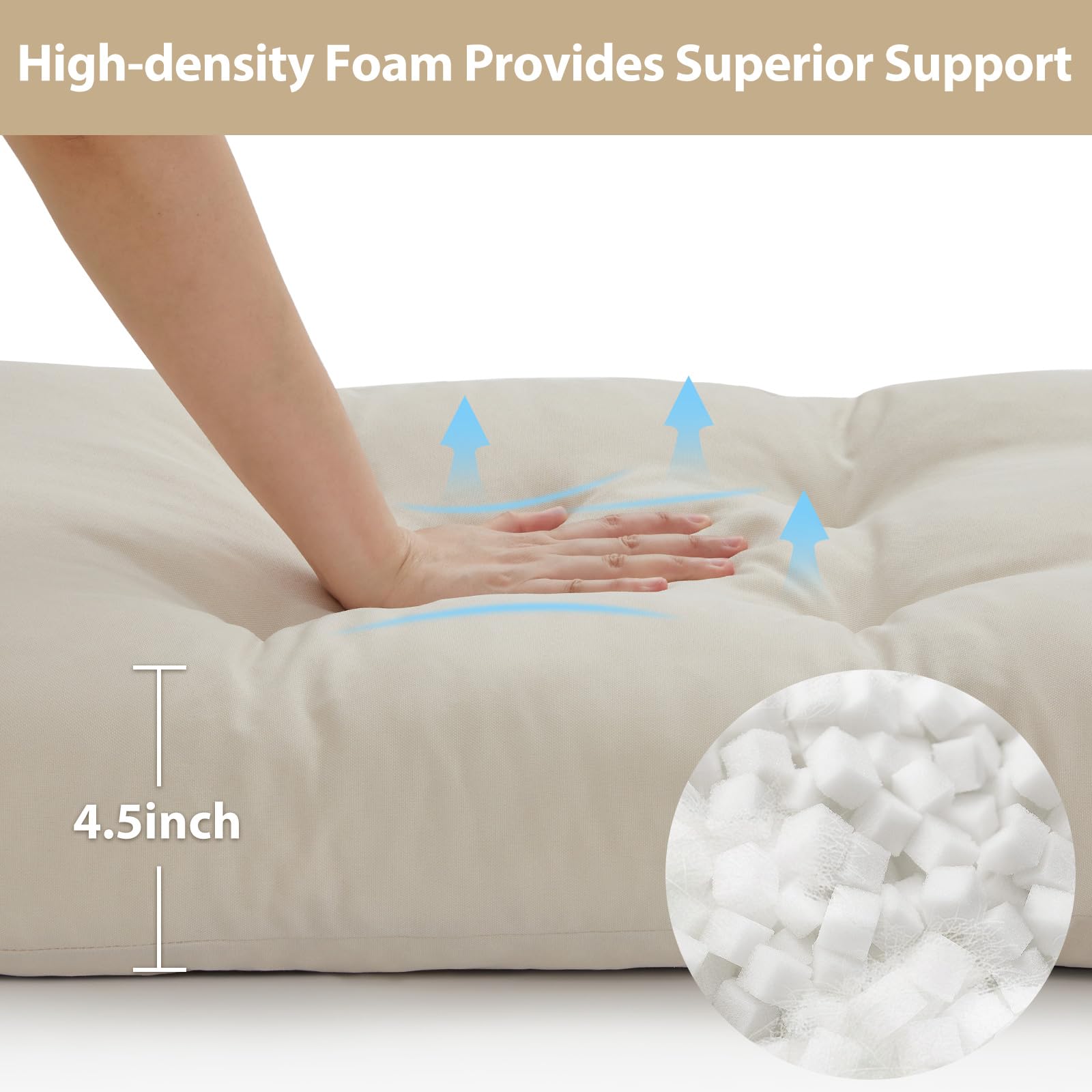 WEOAVRY bench cushion closeup shows 4-5 inch shredded foam for plush support