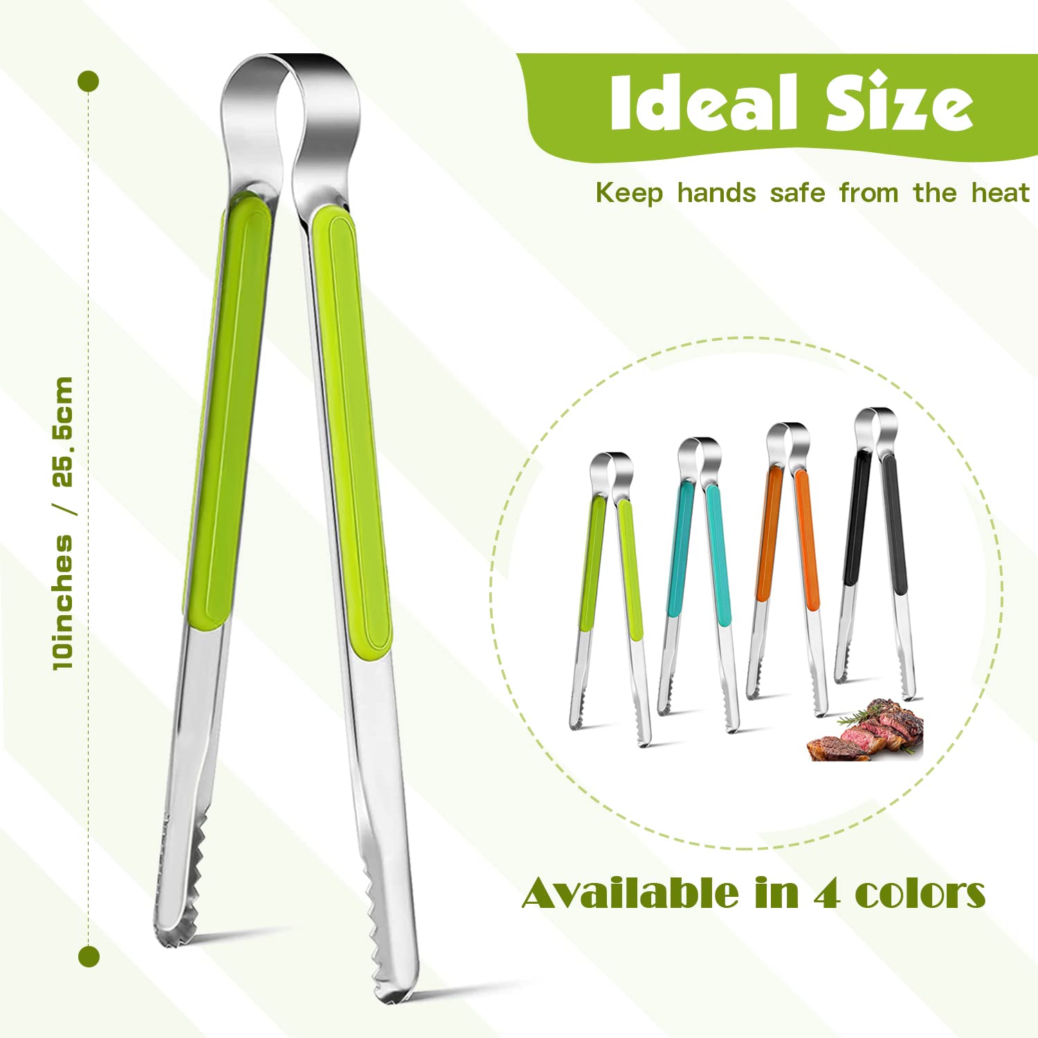 Weogot serrated tong heads offer secure grip for meats and vegetables.
