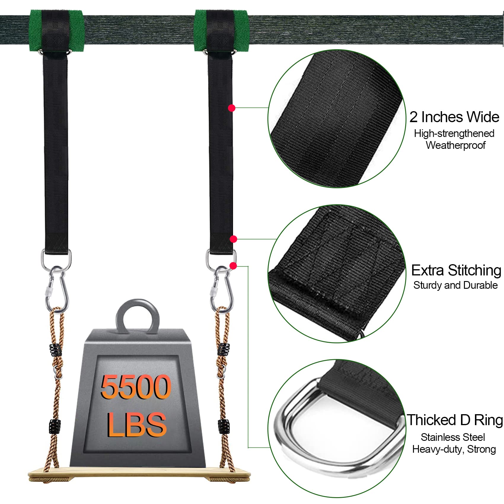 Werflyto heavy-duty swing straps 5500lbs with D-rings ensure secure hangs.