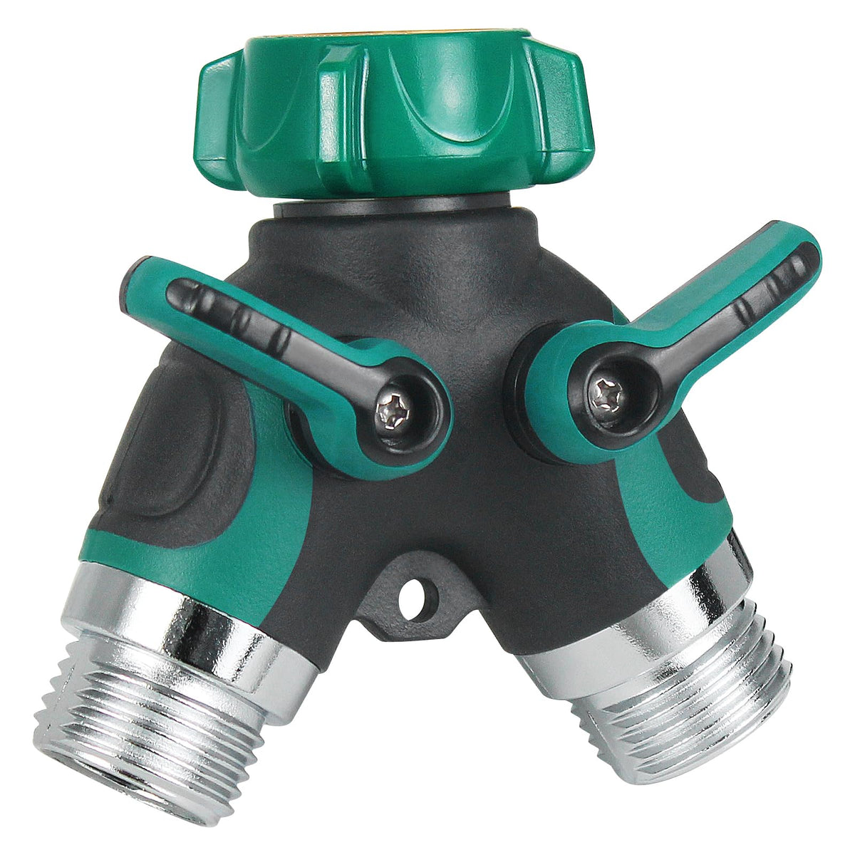 WERJOURU garden hose splitter with 2-way heavy-duty body for durable outdoor watering.