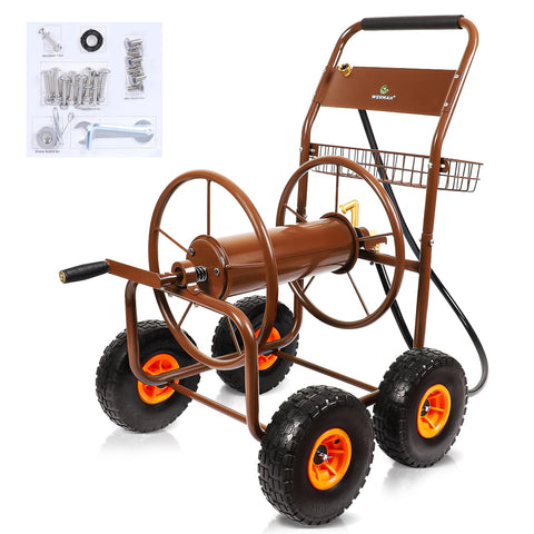 WERMAH hose reel cart with brass connector for kink-free watering.