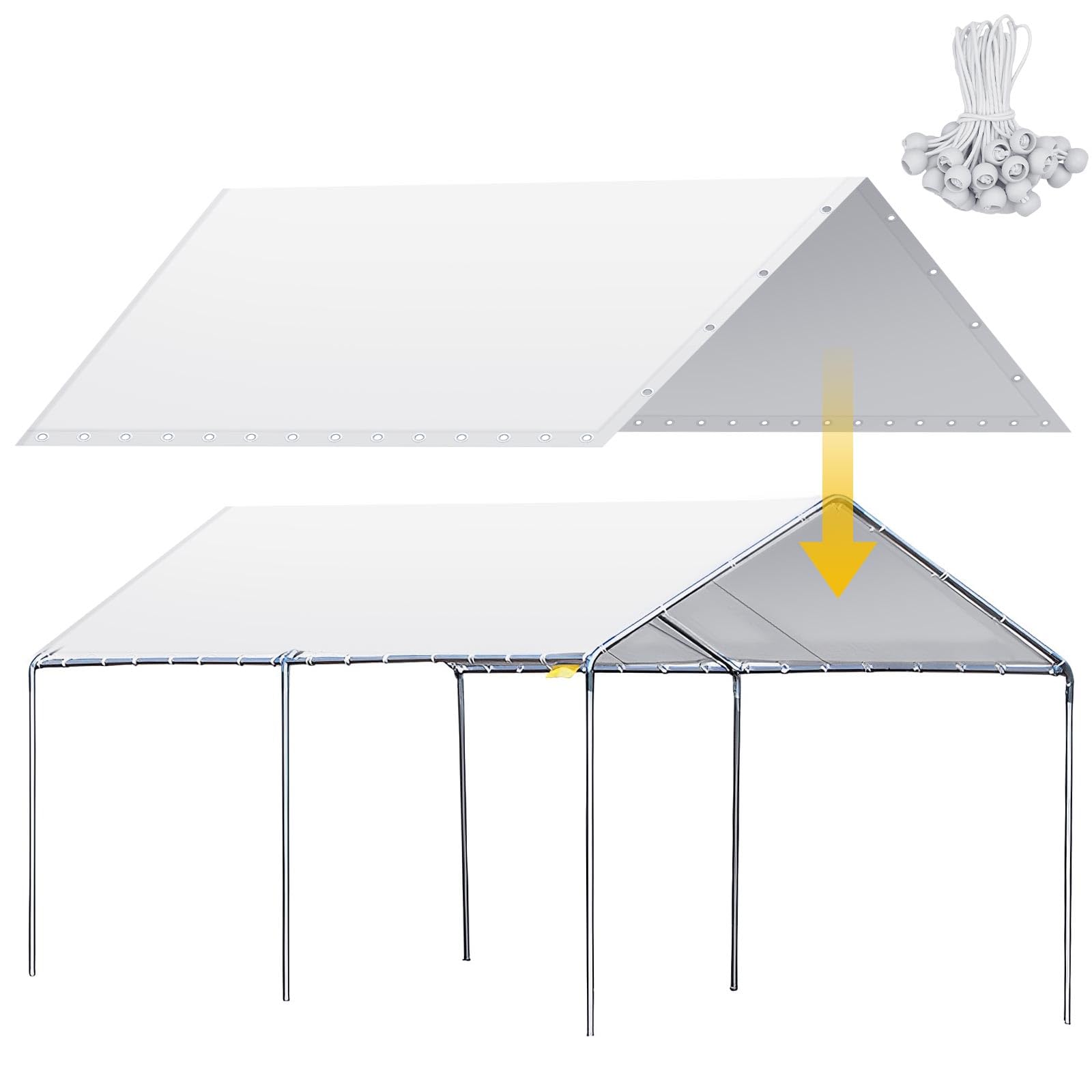 Wesnoy top cover unrolled over 10x20 carport for weather protection.