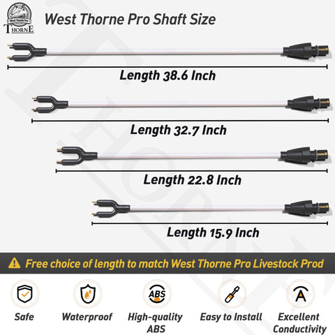 Compatibility shot showing the 32.7in shaft for West Thorne Pro 43.7in cattle prod.