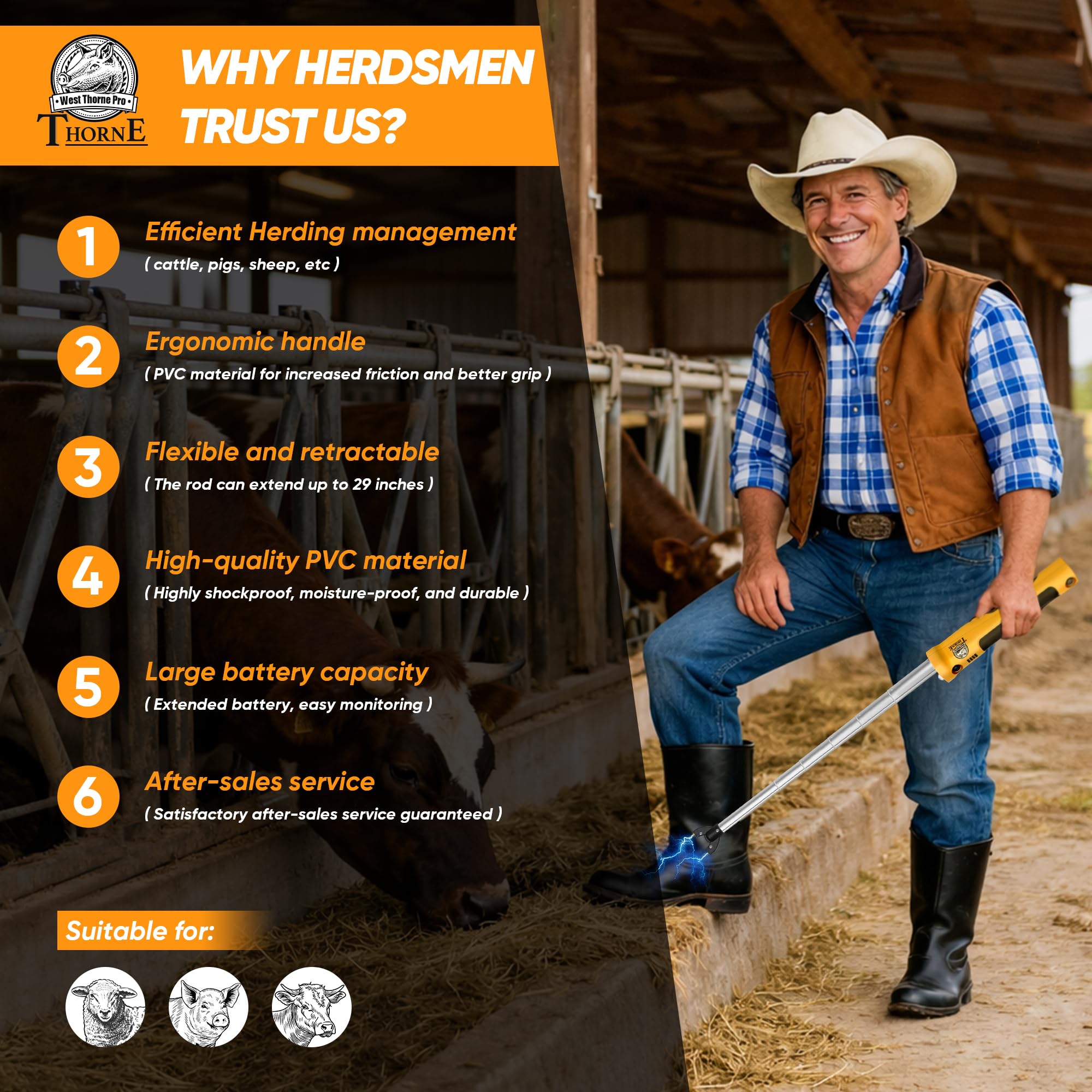 West Thorne Pro LED-light handle aids nighttime herding and visibility.
