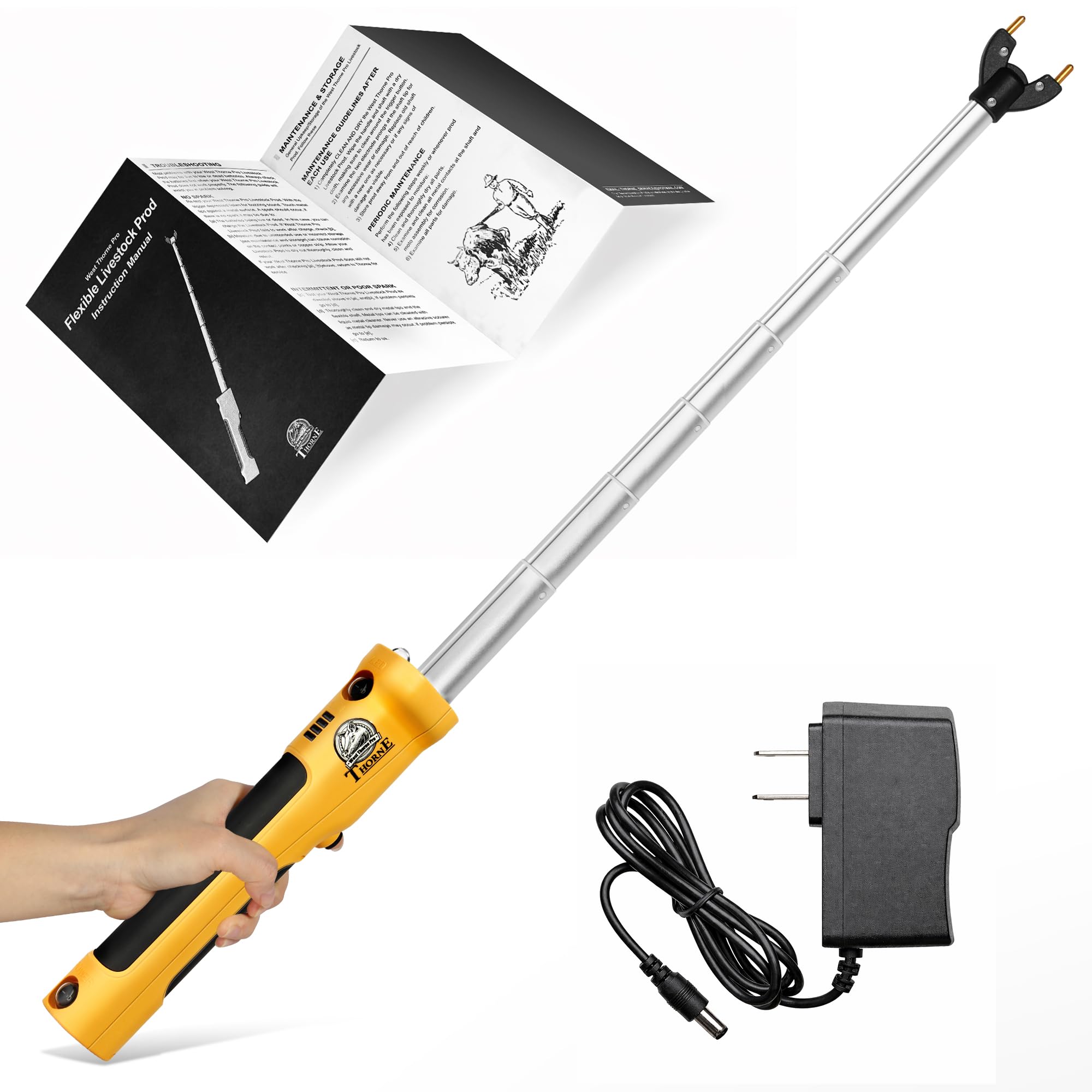 West Thorne Pro retractable cattle prod extended for precise livestock guidance.