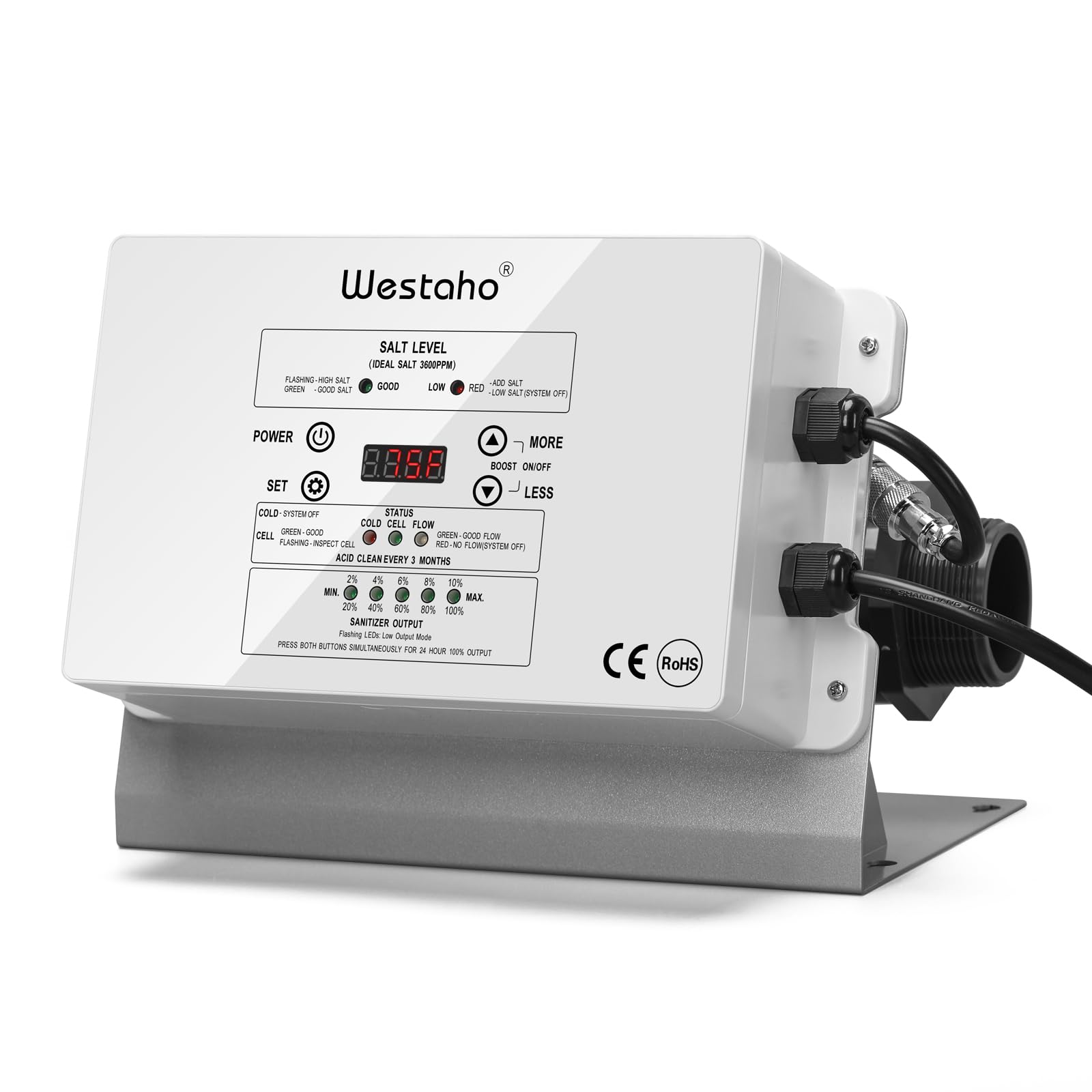 WESTAHO salt chlorine generator control panel displaying readings for easy monitoring